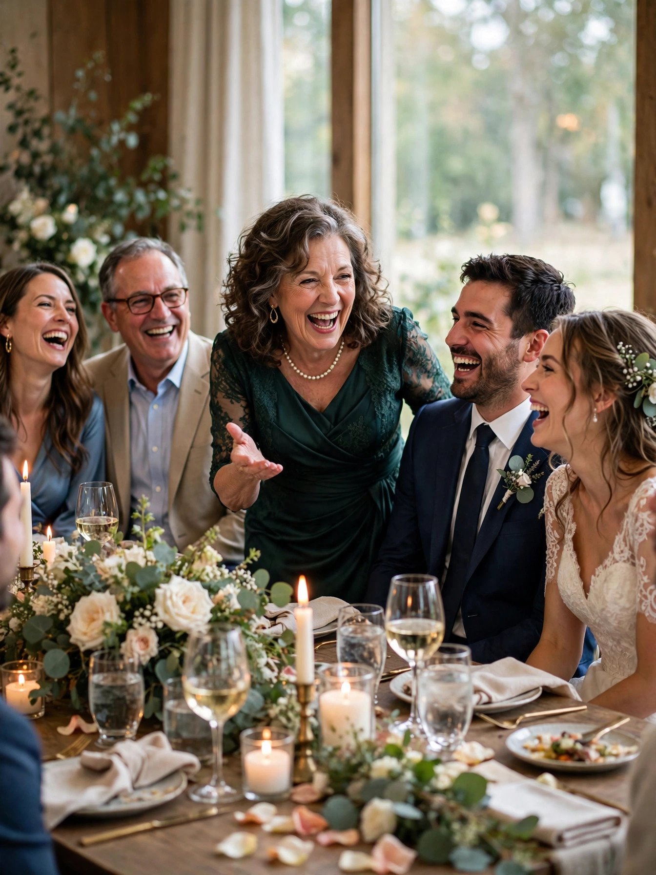 Mother telling a funny story to laughing wedding guests at a reception table