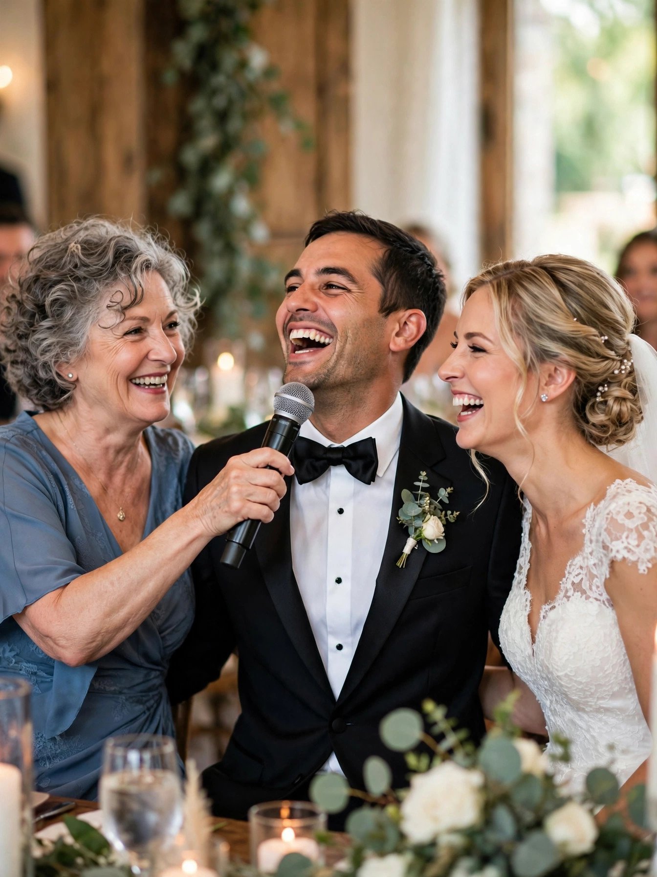 Groom laughing while his mother playfully teases him with a microphone