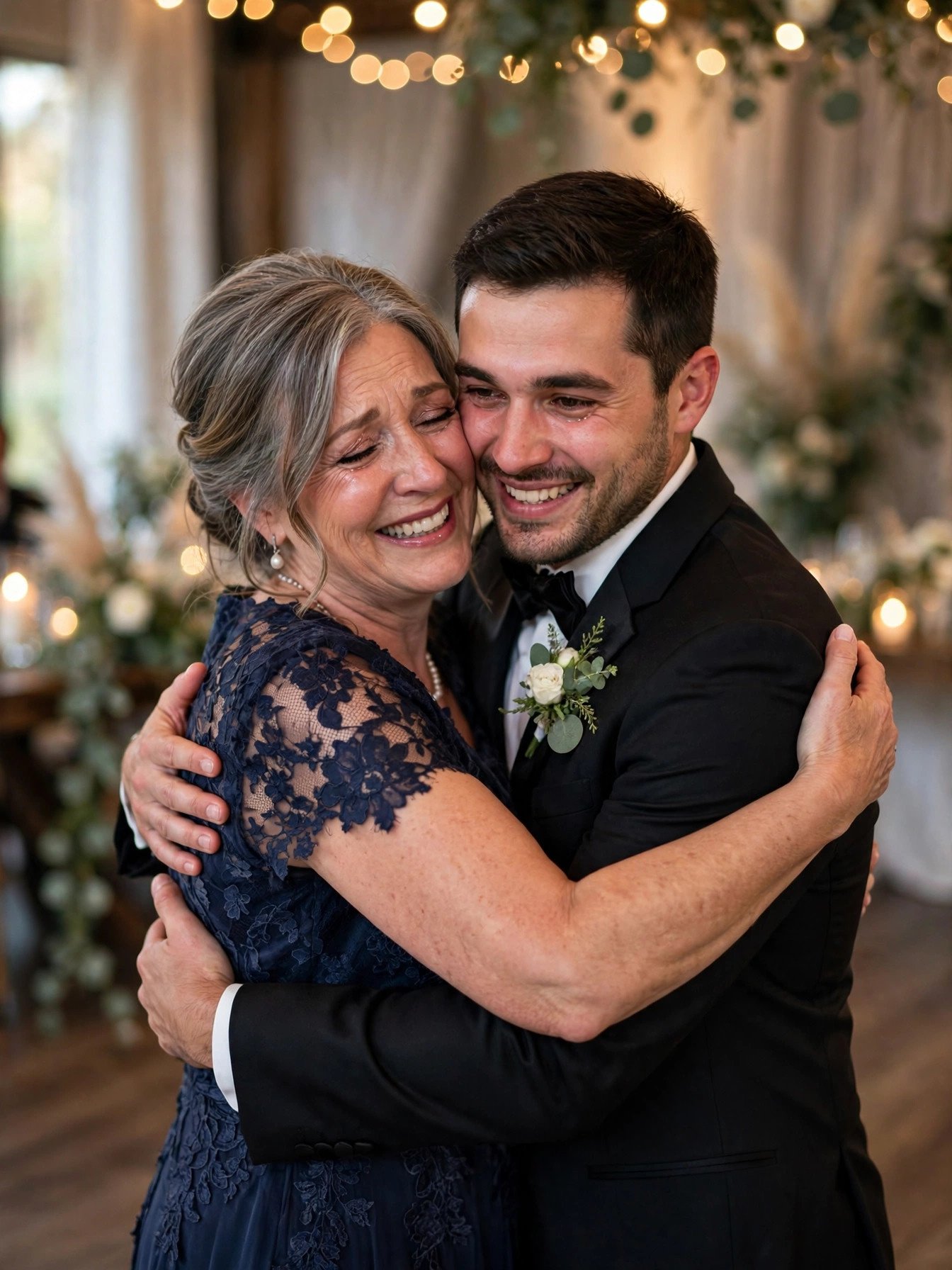 Mother hugging her son the groom warmly after a short sweet speech