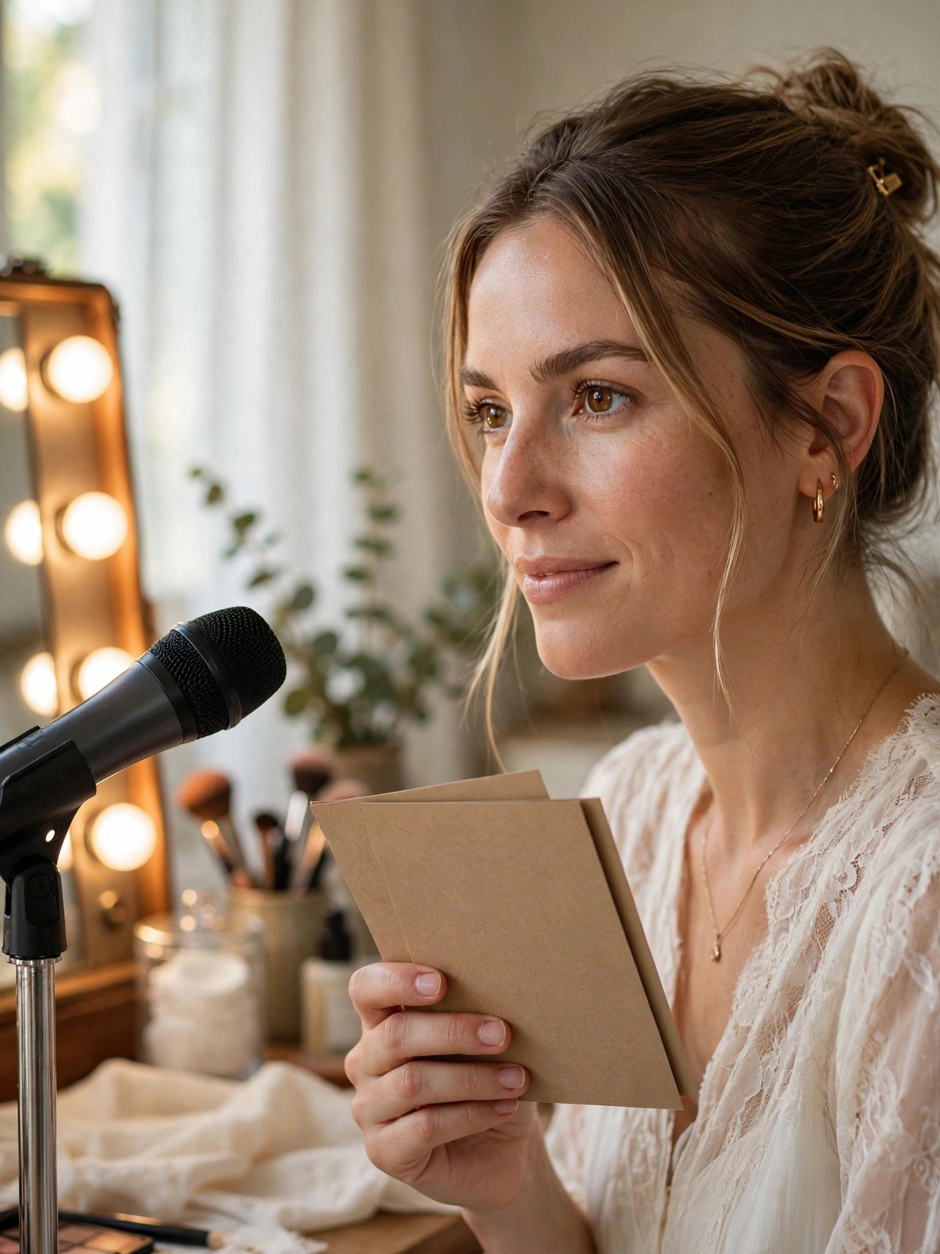 Mother practicing her wedding speech with cue cards in front of a mirror