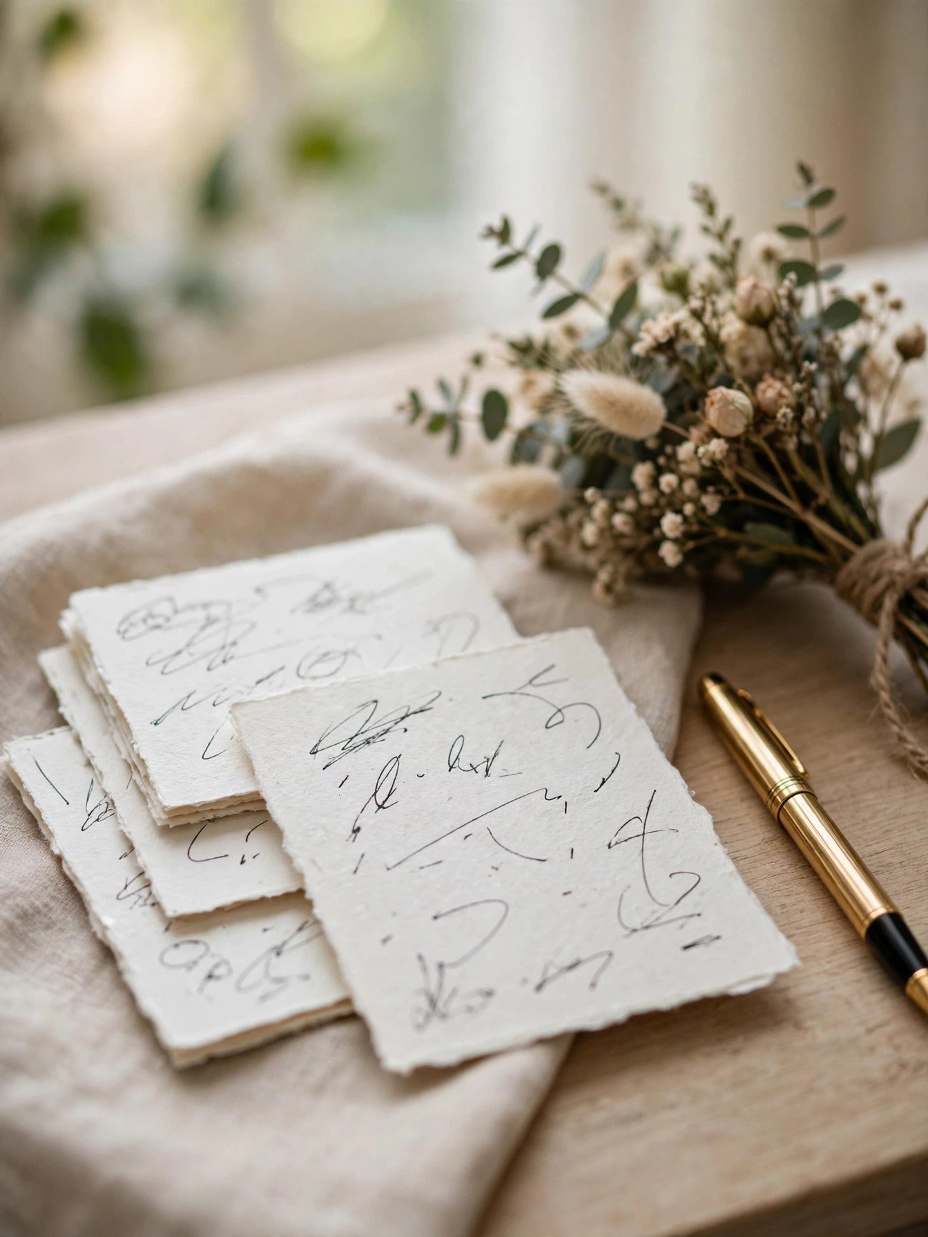 Handwritten wedding speech cue cards with a pen and small bouquet