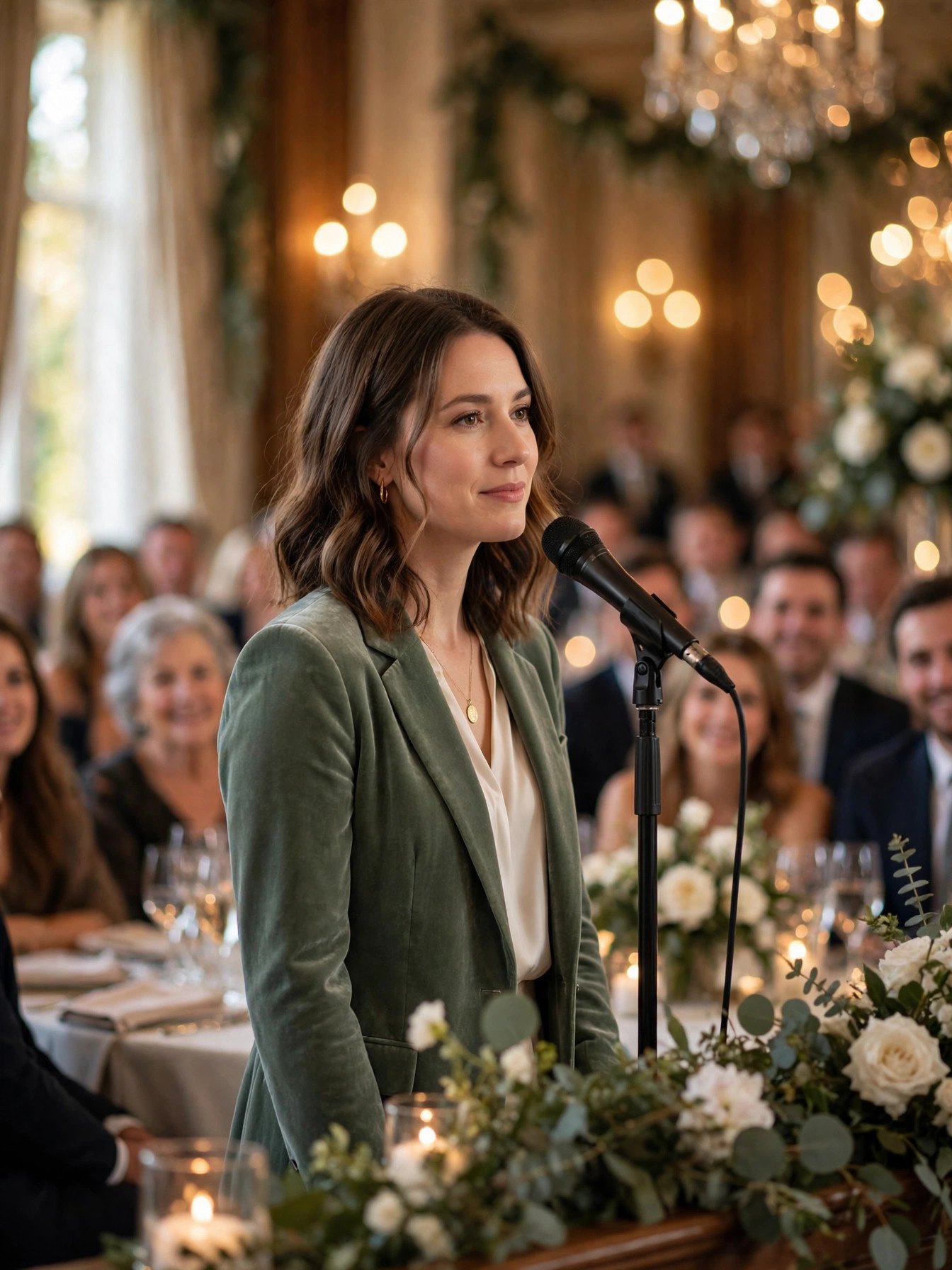 Calm confident speaker at a microphone on a wedding reception stage