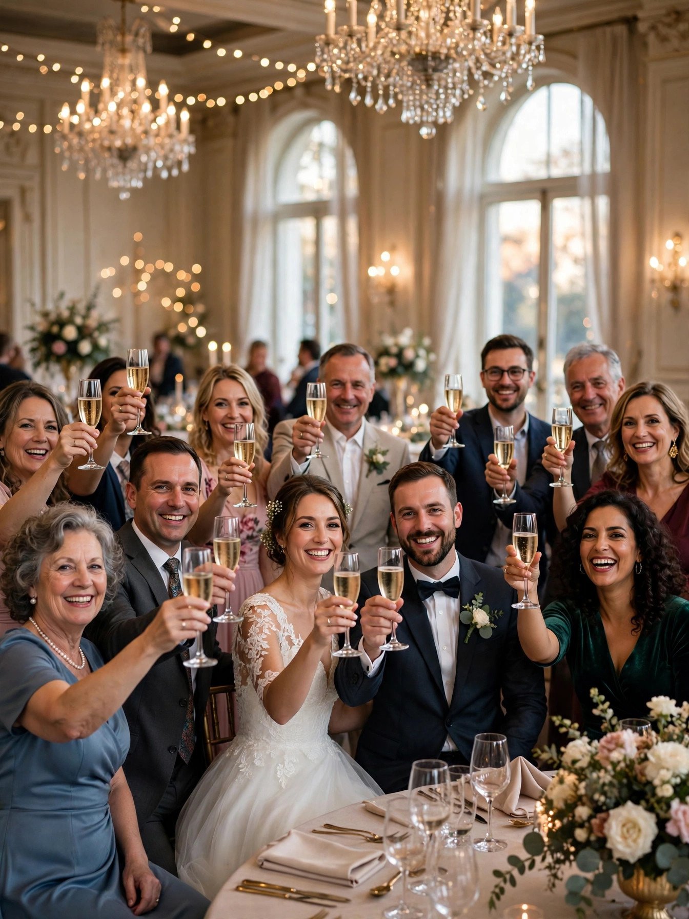 Wedding guests raising champagne glasses in a joyful closing toast