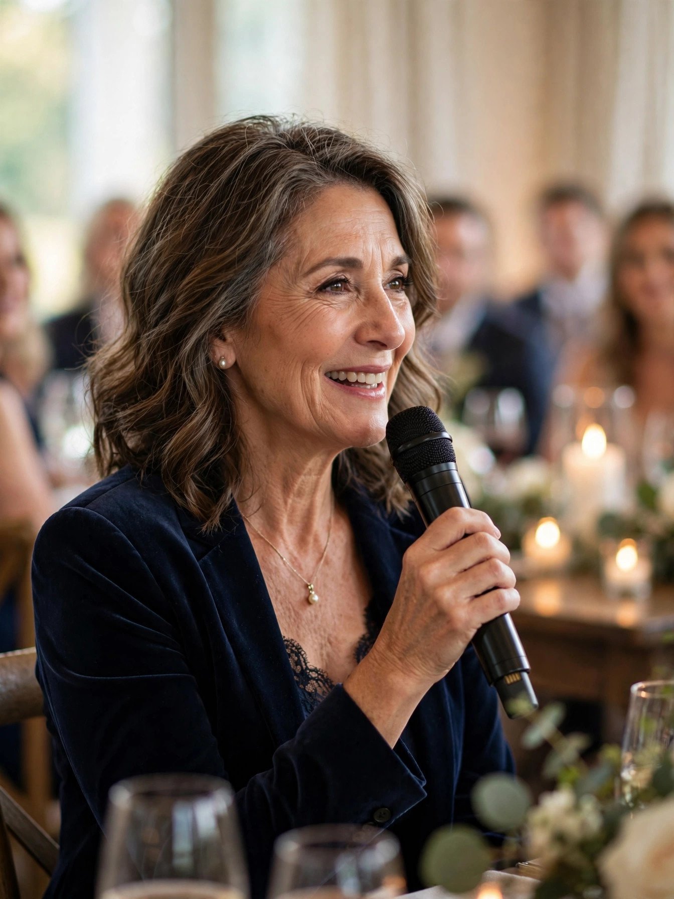 Mother of the groom giving a heartfelt toast with a microphone at a wedding reception