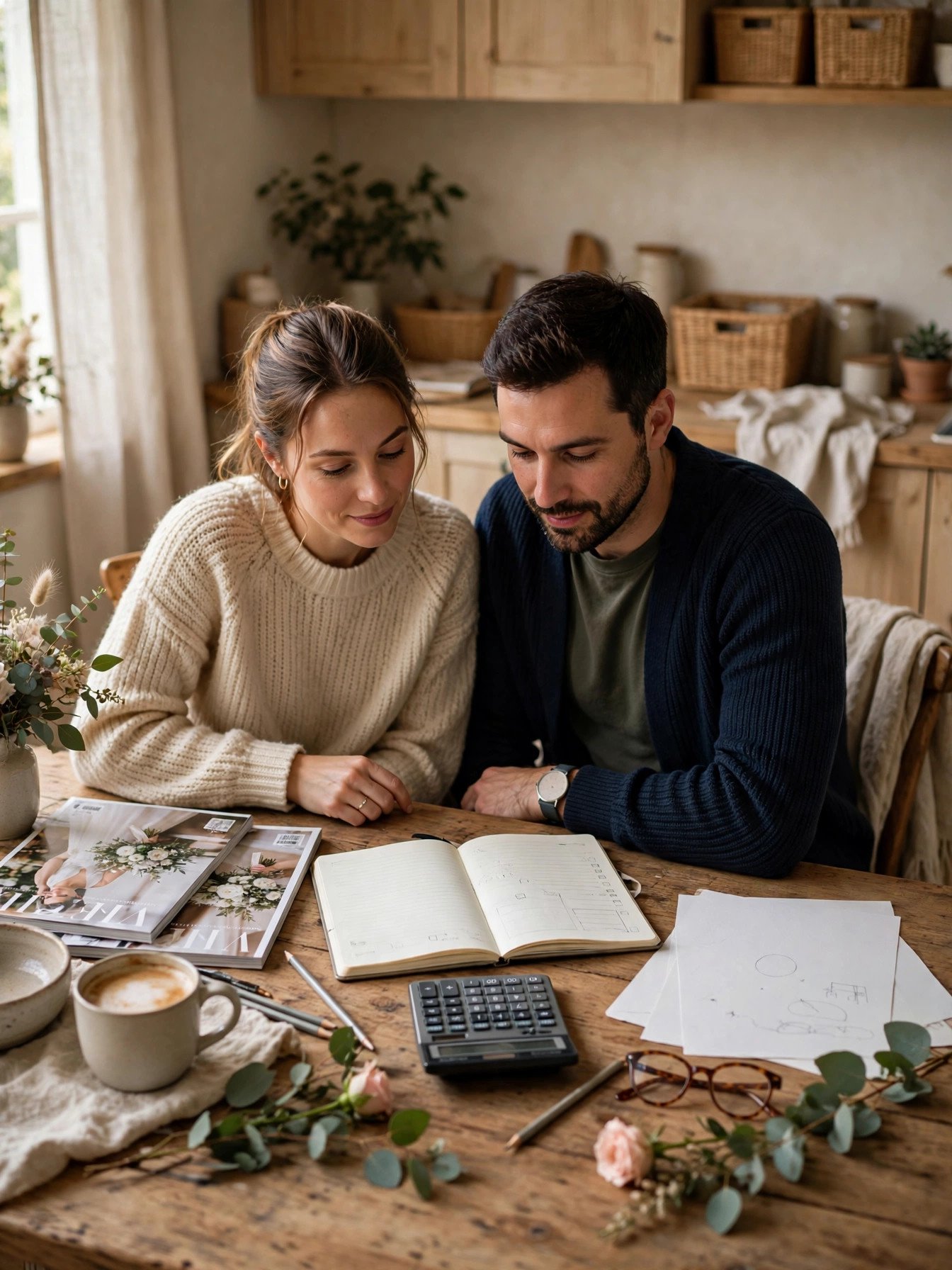 Couple planning their wedding budget together with a notebook and calculator at home