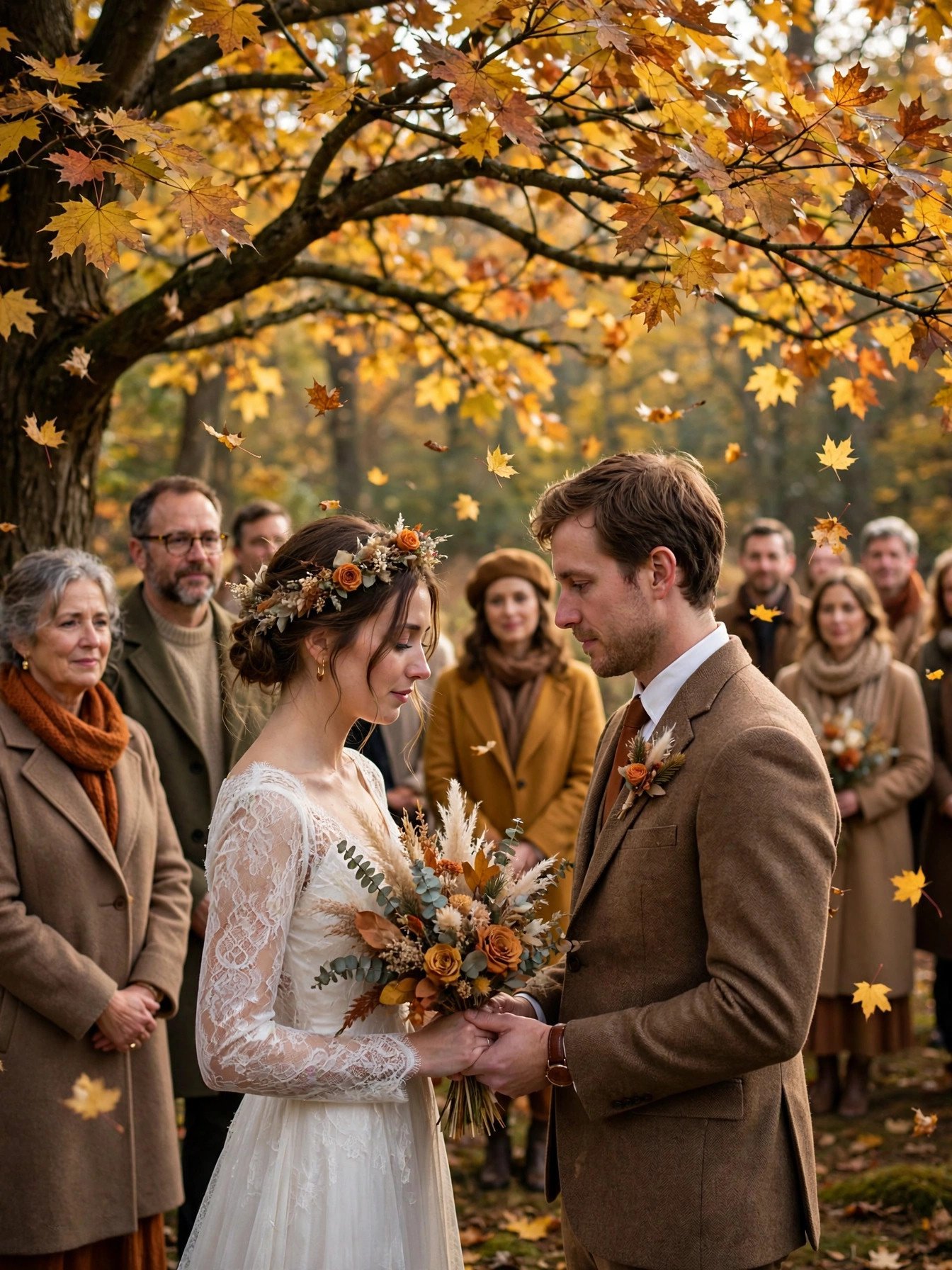Romantic autumn wedding ceremony with golden fall leaves