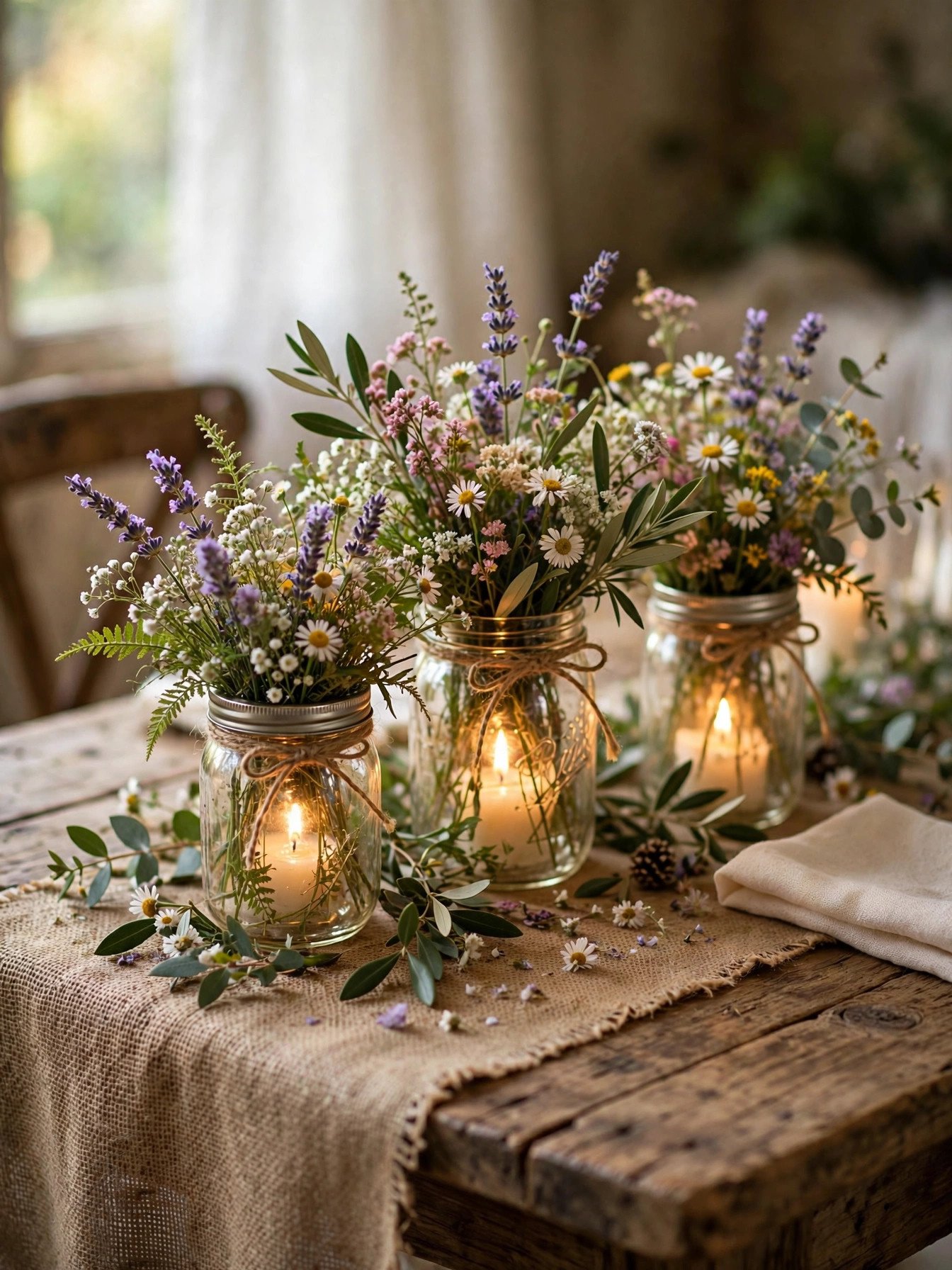 DIY wedding table centerpiece with candles and wildflowers in mason jars