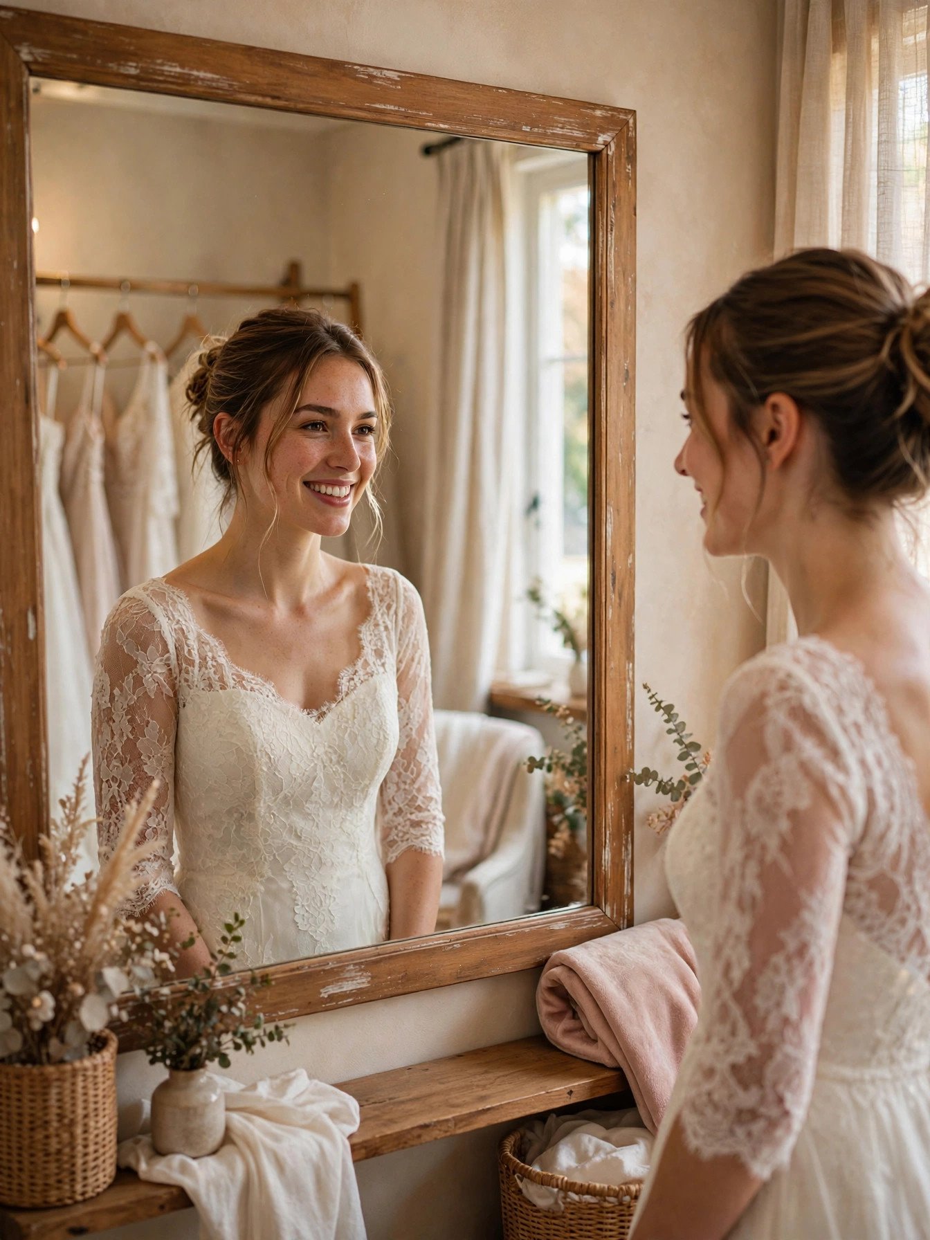 Bride smiling in a simple elegant affordable lace wedding dress in a bridal boutique