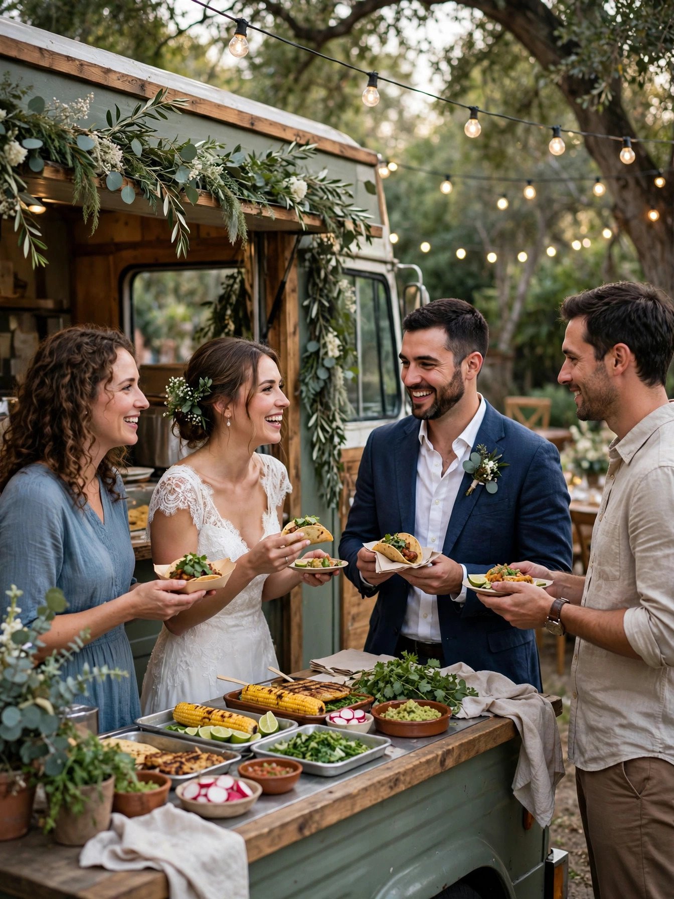 Wedding guests enjoying street food from a decorated food truck at a casual reception