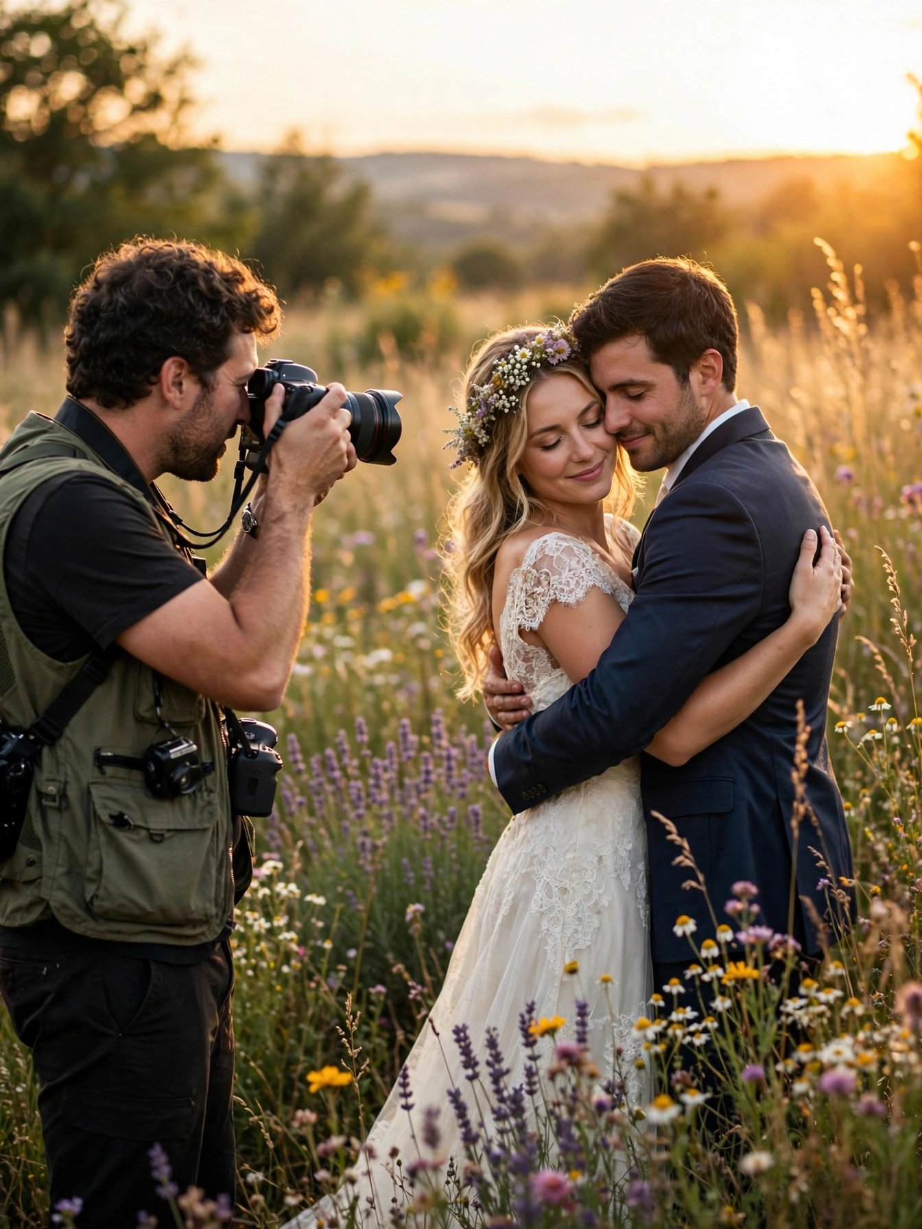 Wedding photographer capturing a romantic couple at golden sunset in a meadow