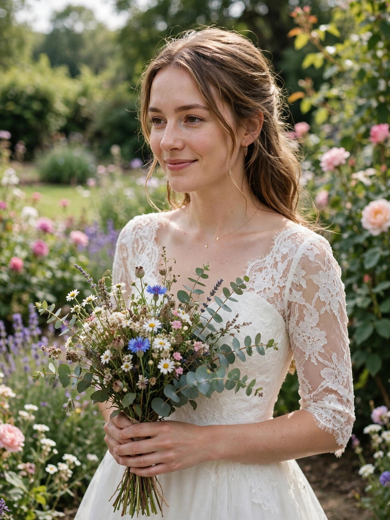 Bride holding a simple loose bouquet of wildflowers and eucalyptus in a garden