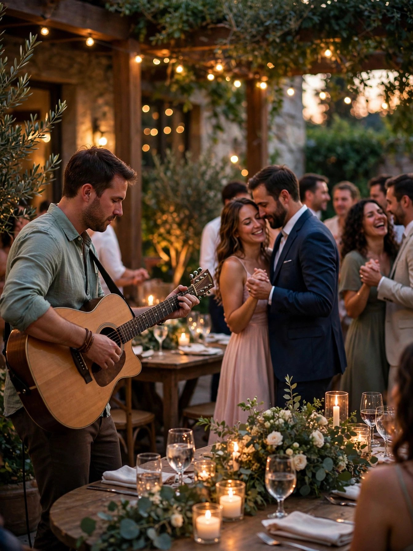 Acoustic guitarist performing at an intimate candlelit wedding reception