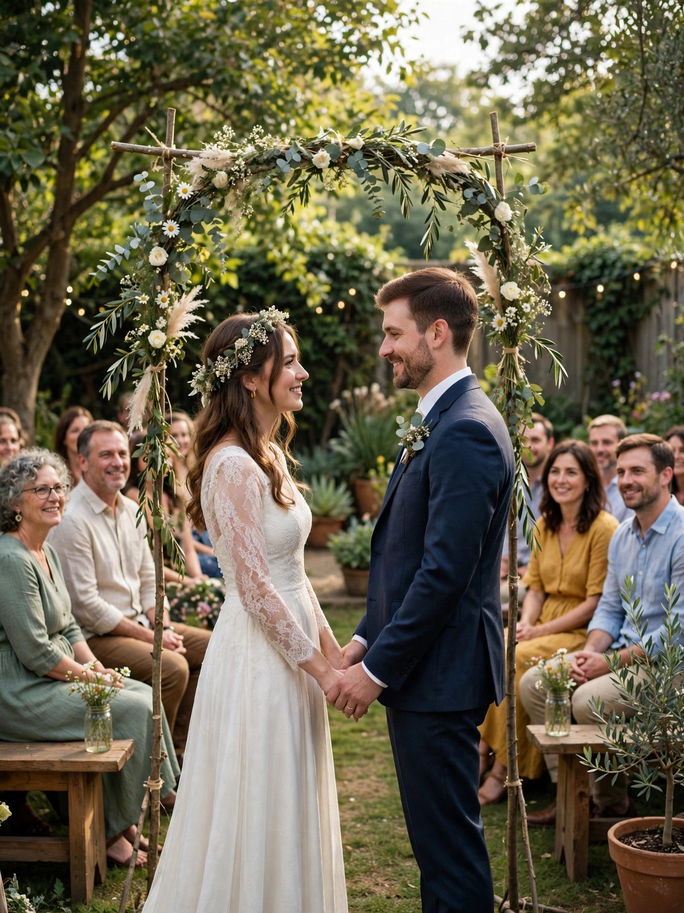 Beautiful backyard garden wedding ceremony on a budget with a handmade flower arch
