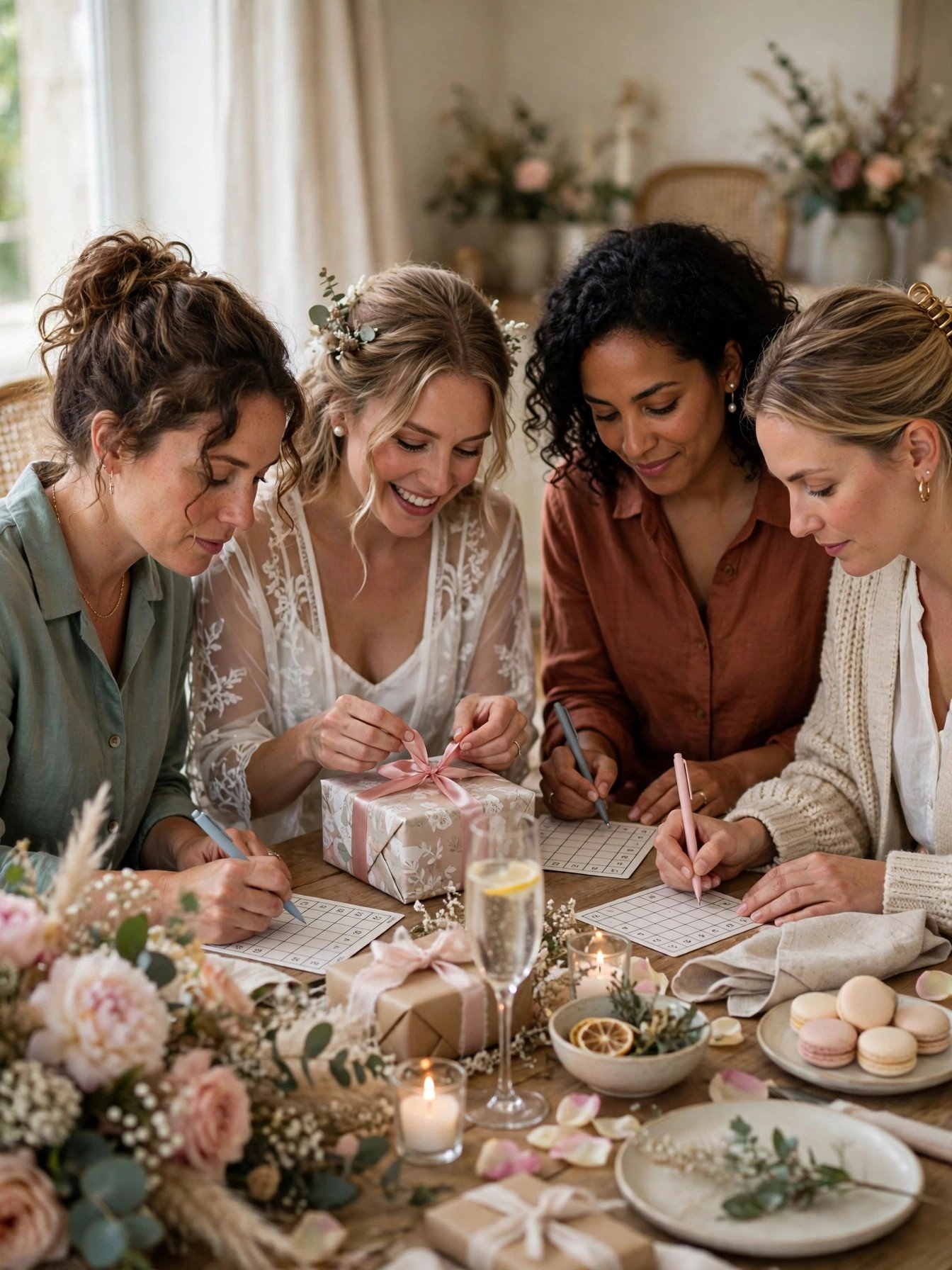 Bridal shower guests marking bingo cards during gift opening