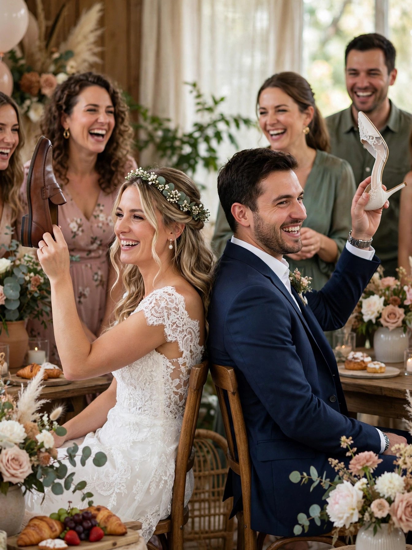 Bride and groom answering questions back to back at a bridal shower