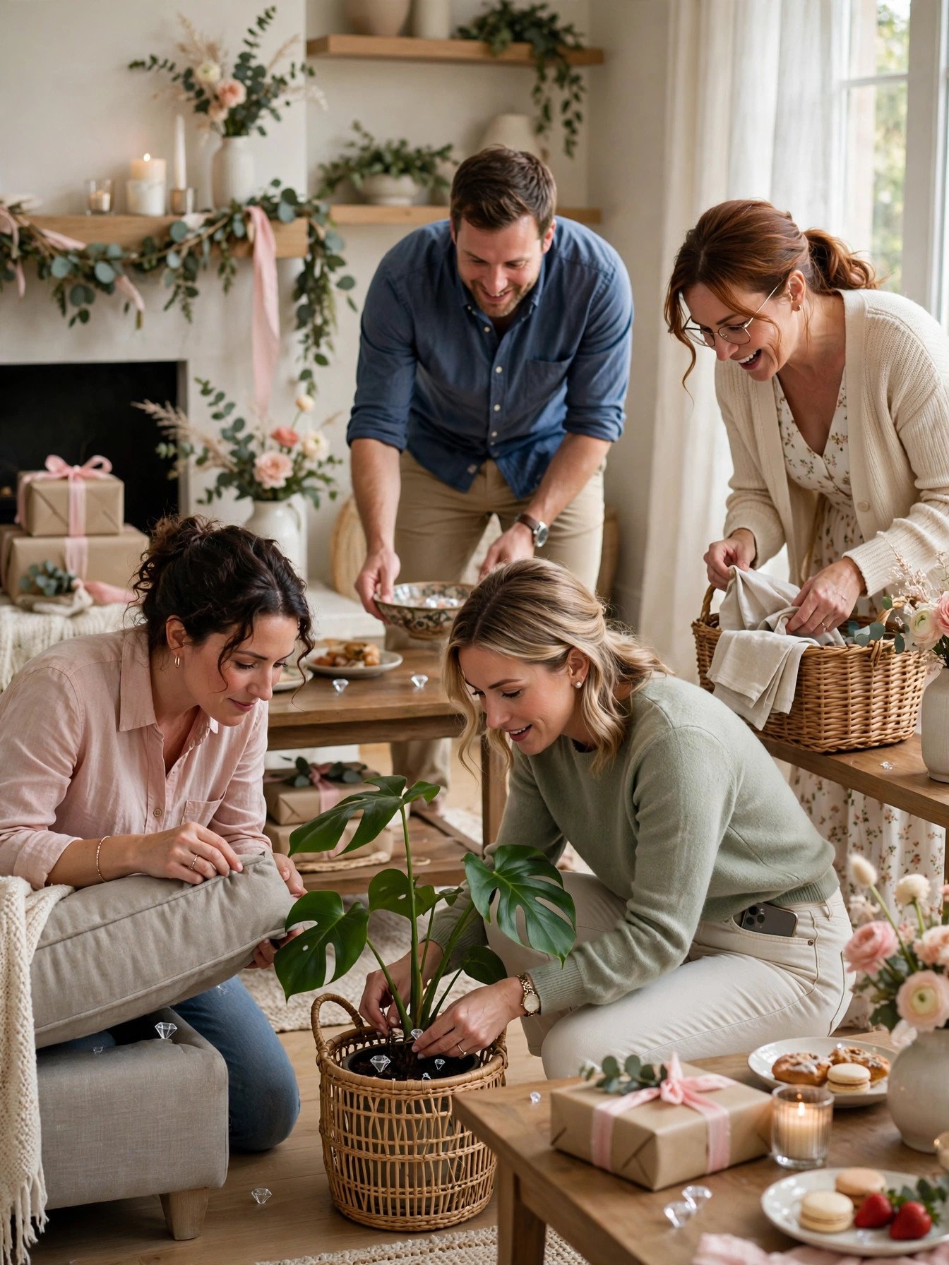 Guests hunting for hidden plastic diamond rings at a bridal shower