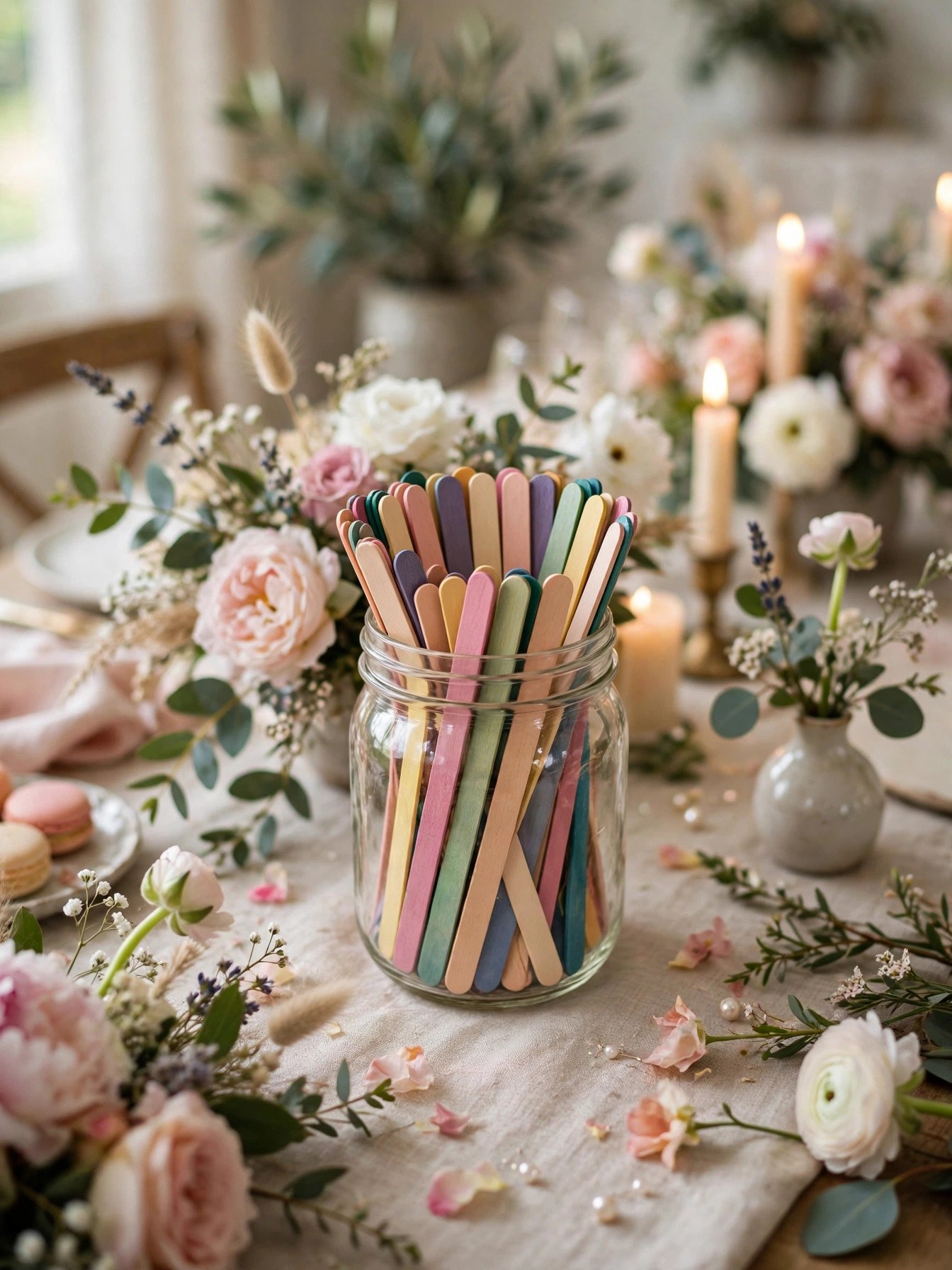 Date night idea jar with colorful sticks at a bridal shower party