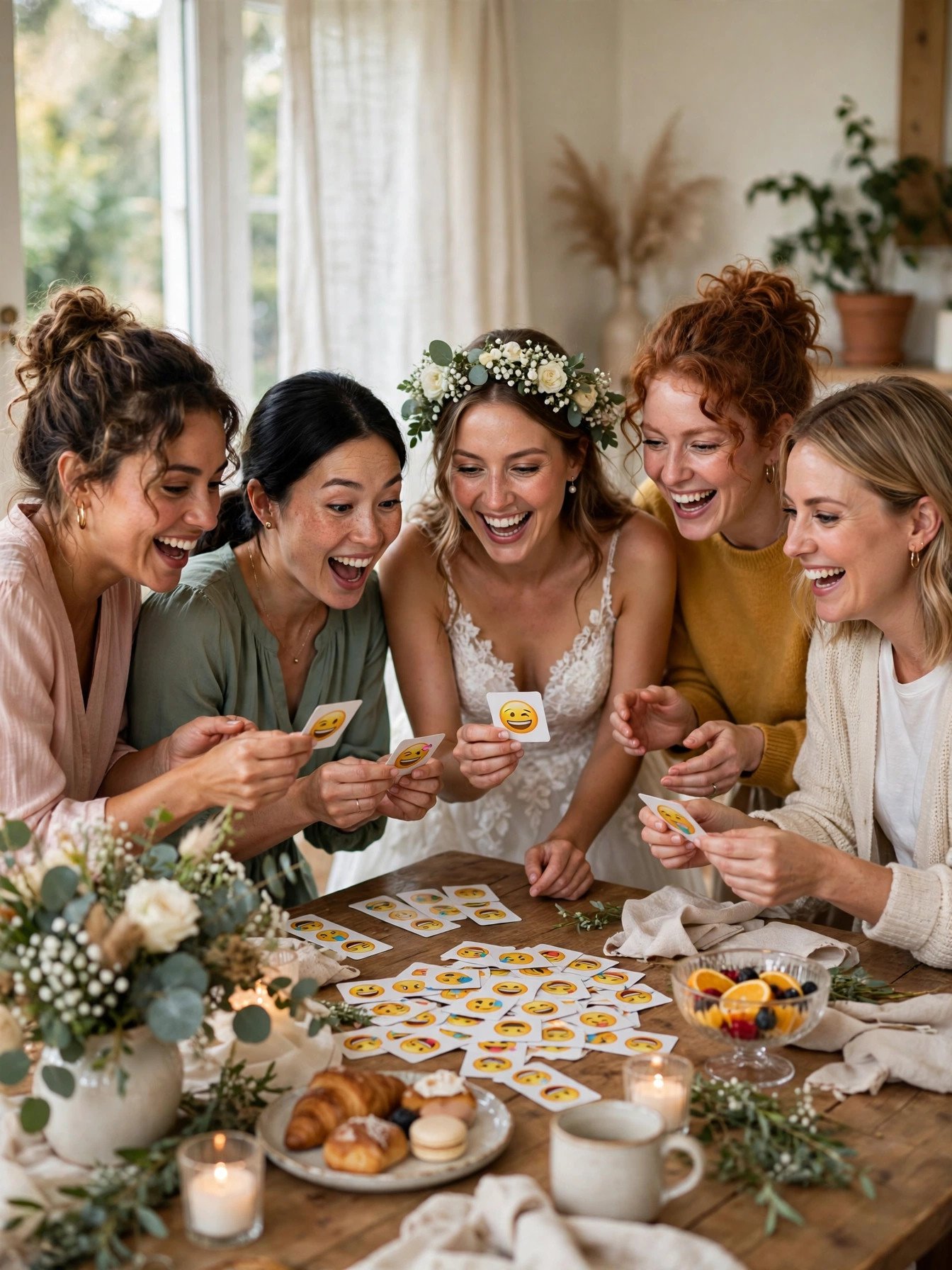 Bridal shower guests decoding emoji cards in a fast-paced game