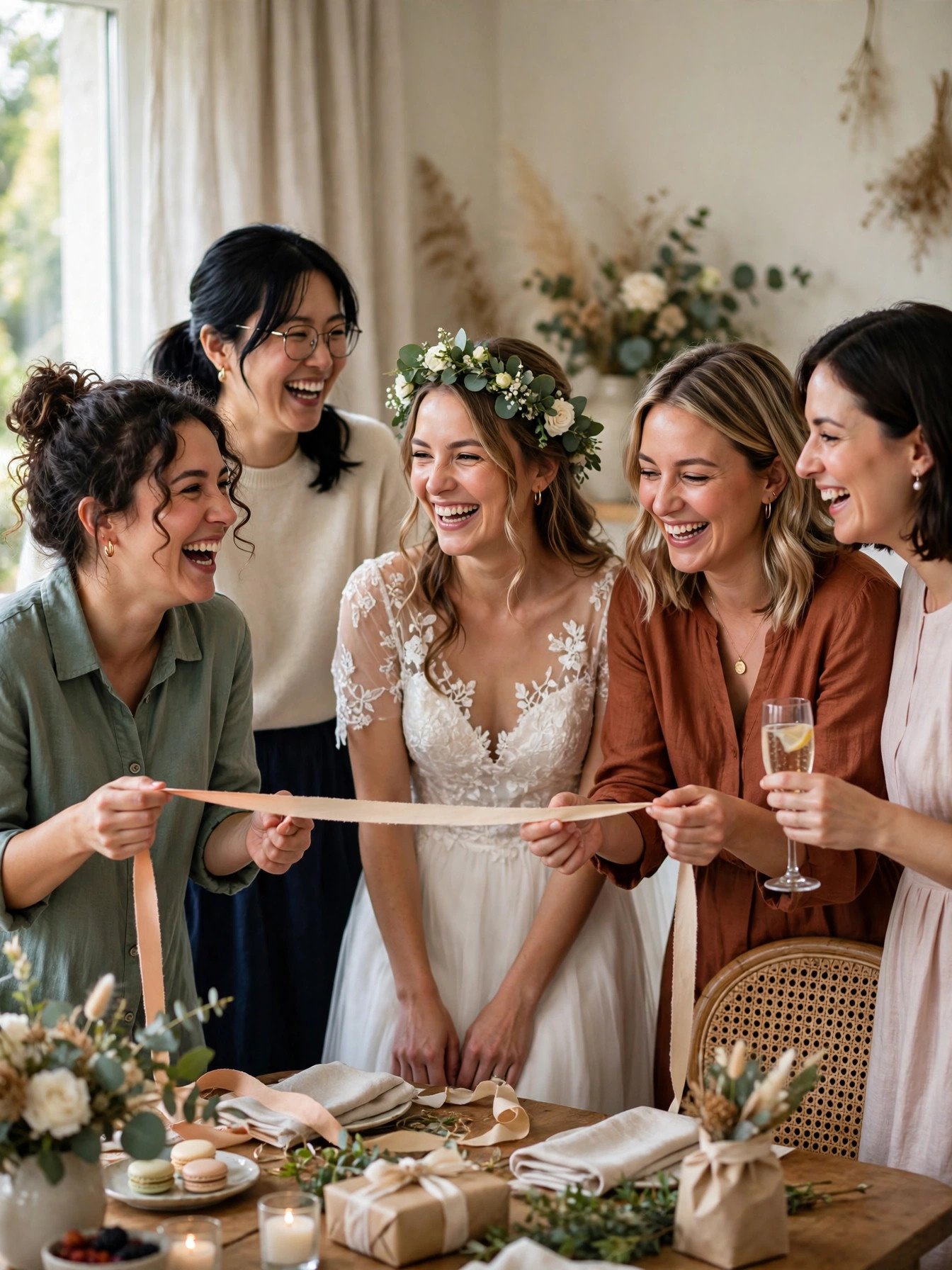 Bridal shower guests guessing measurements with ribbon in a party game