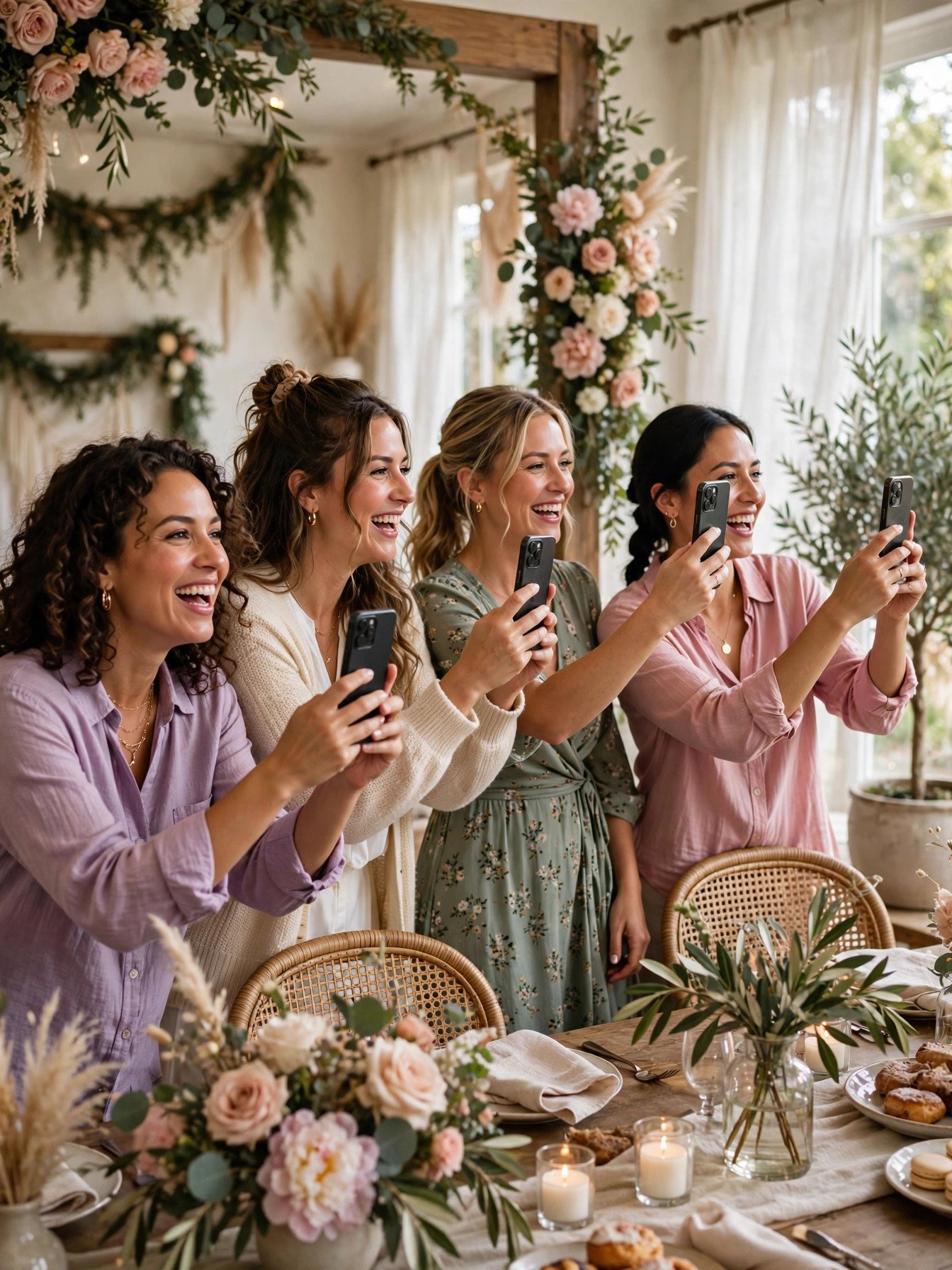 Bridal shower guests capturing photo scavenger hunt missions on their phones