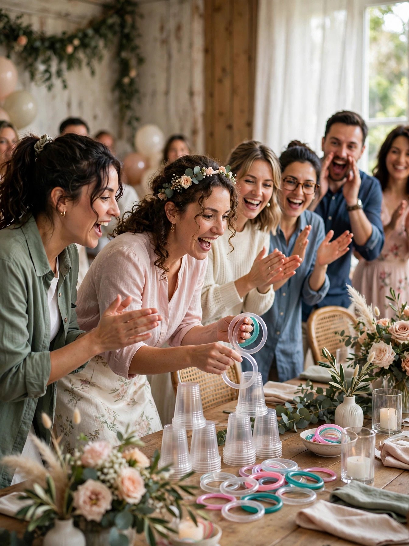 Bridal shower guests competing in a fast minute to win it relay challenge