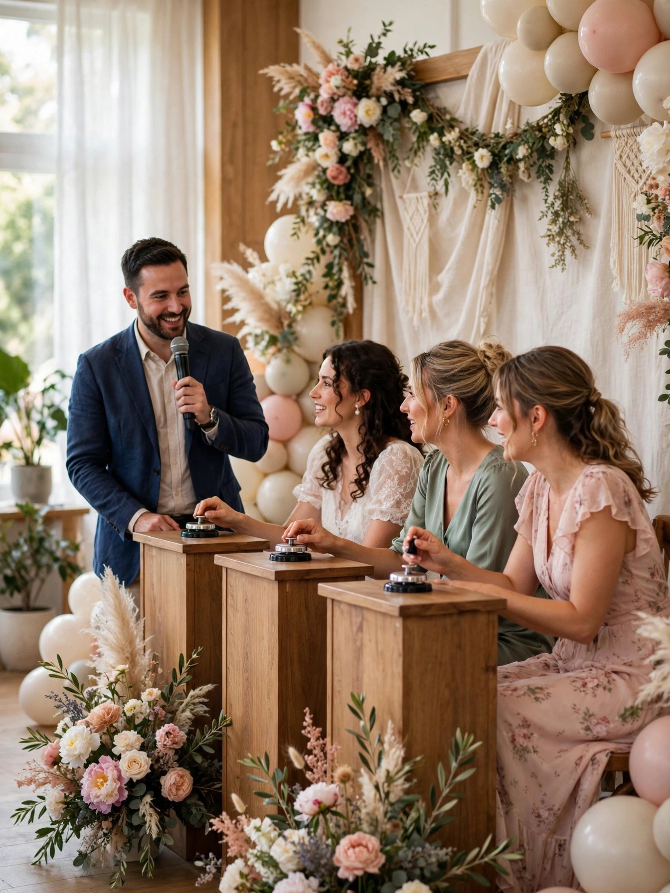 Bridal shower quiz finale with contestants answering questions on stage