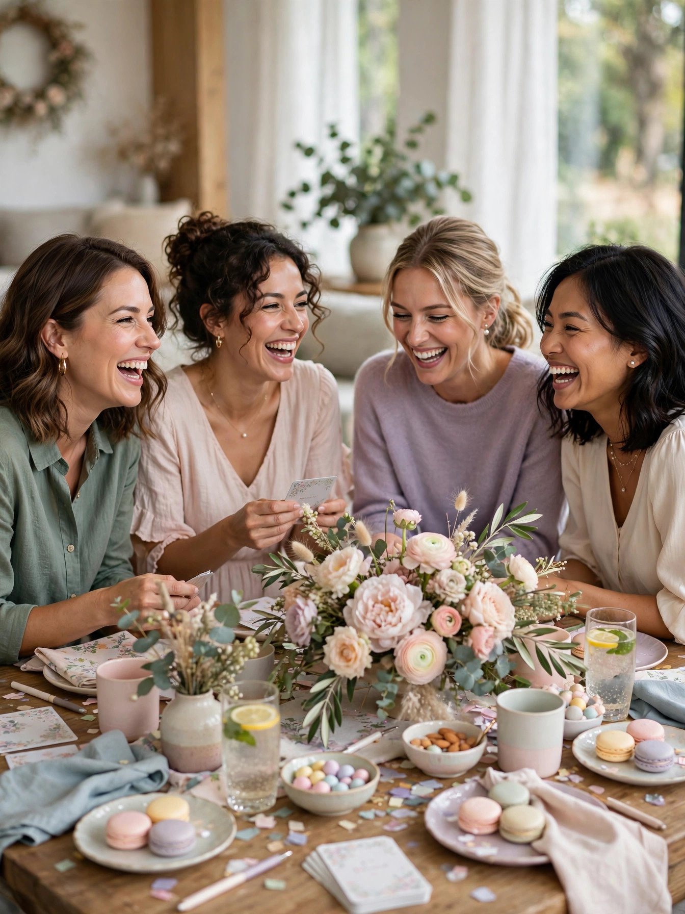 Bridal shower guests laughing together while playing party games