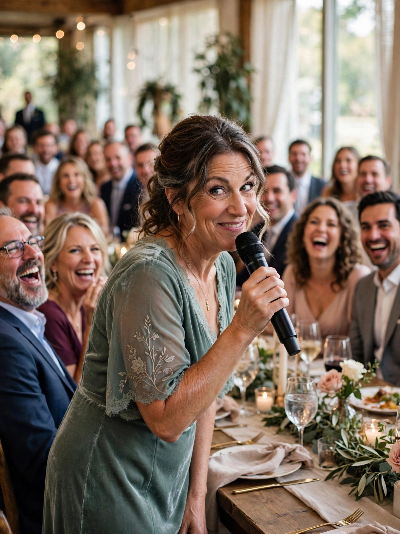 Mother at a microphone with a mischievous smile as wedding guests laugh