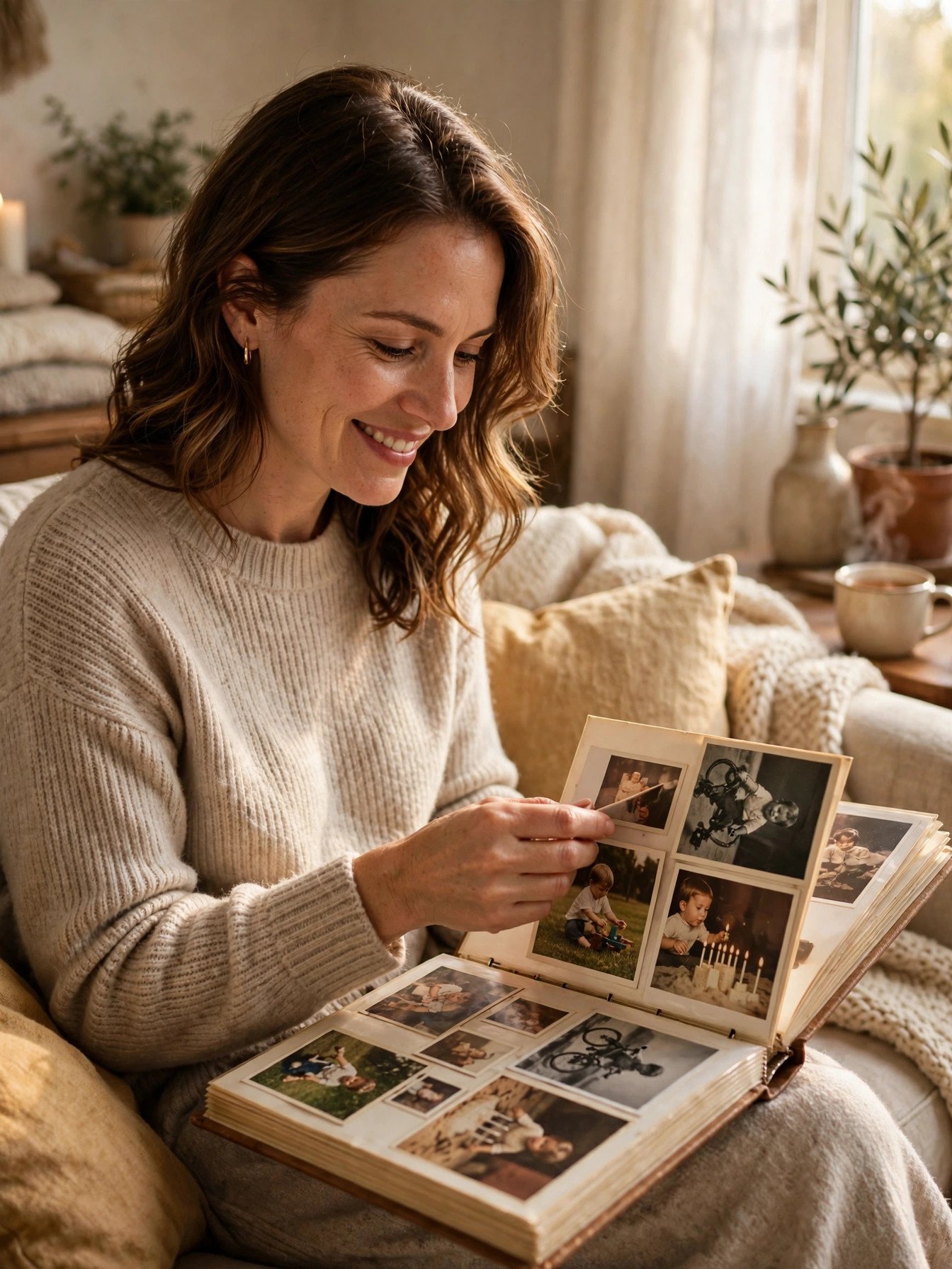 Mother flipping through a family photo album full of childhood memories