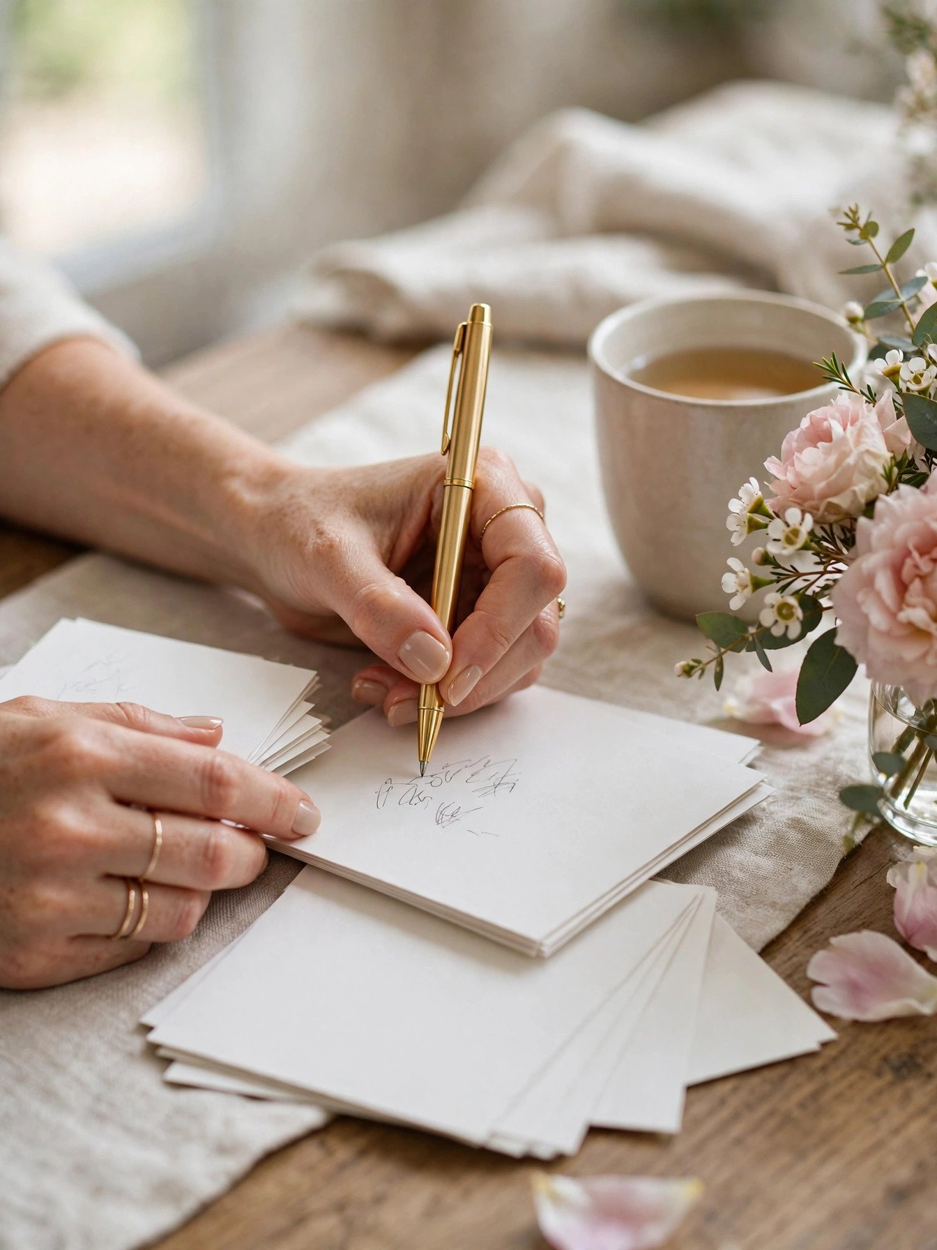 Woman writing joke notes on index cards with a gold pen at an elegant desk