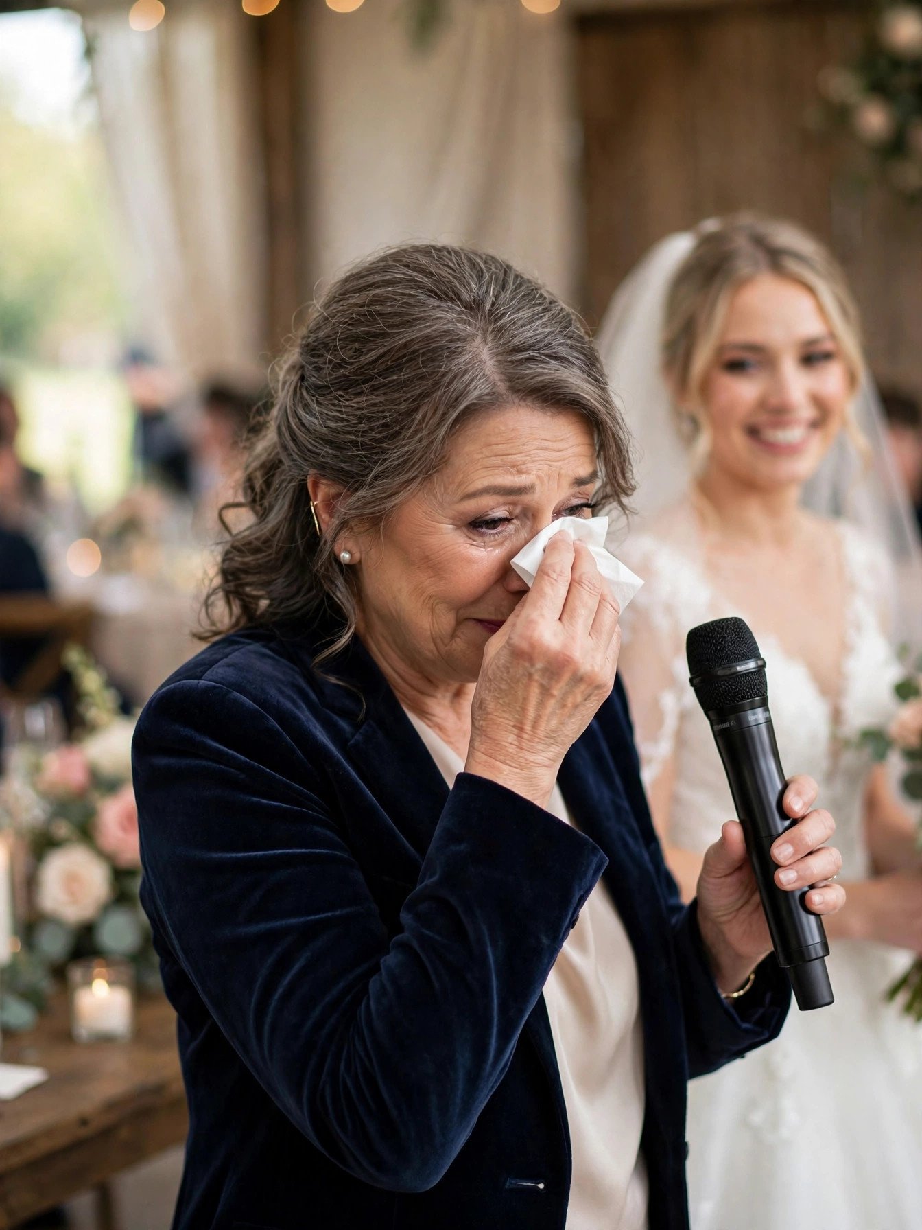 Mother dabbing a happy tear with a tissue while holding a microphone