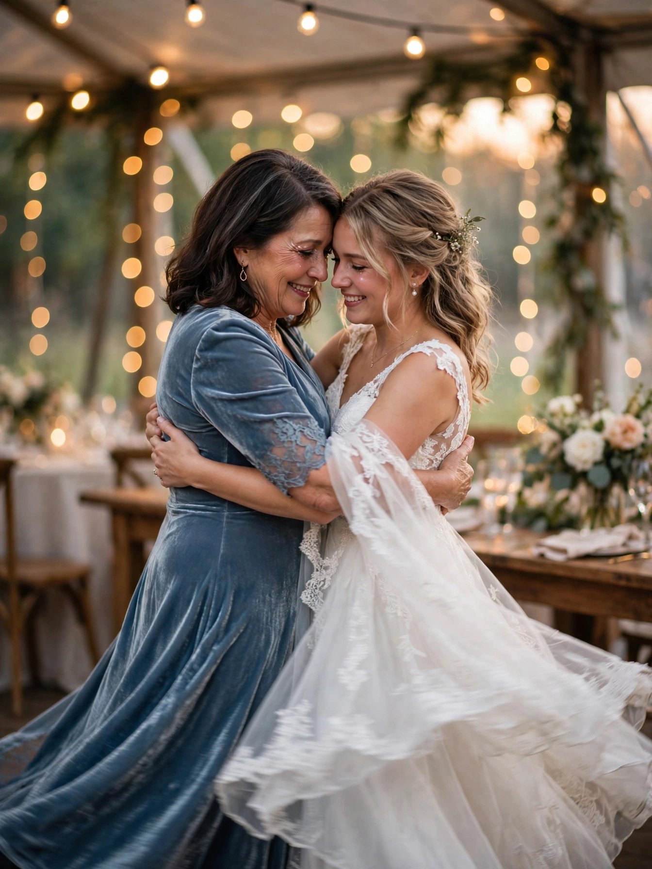 Mother and daughter sharing an emotional slow dance at a wedding reception