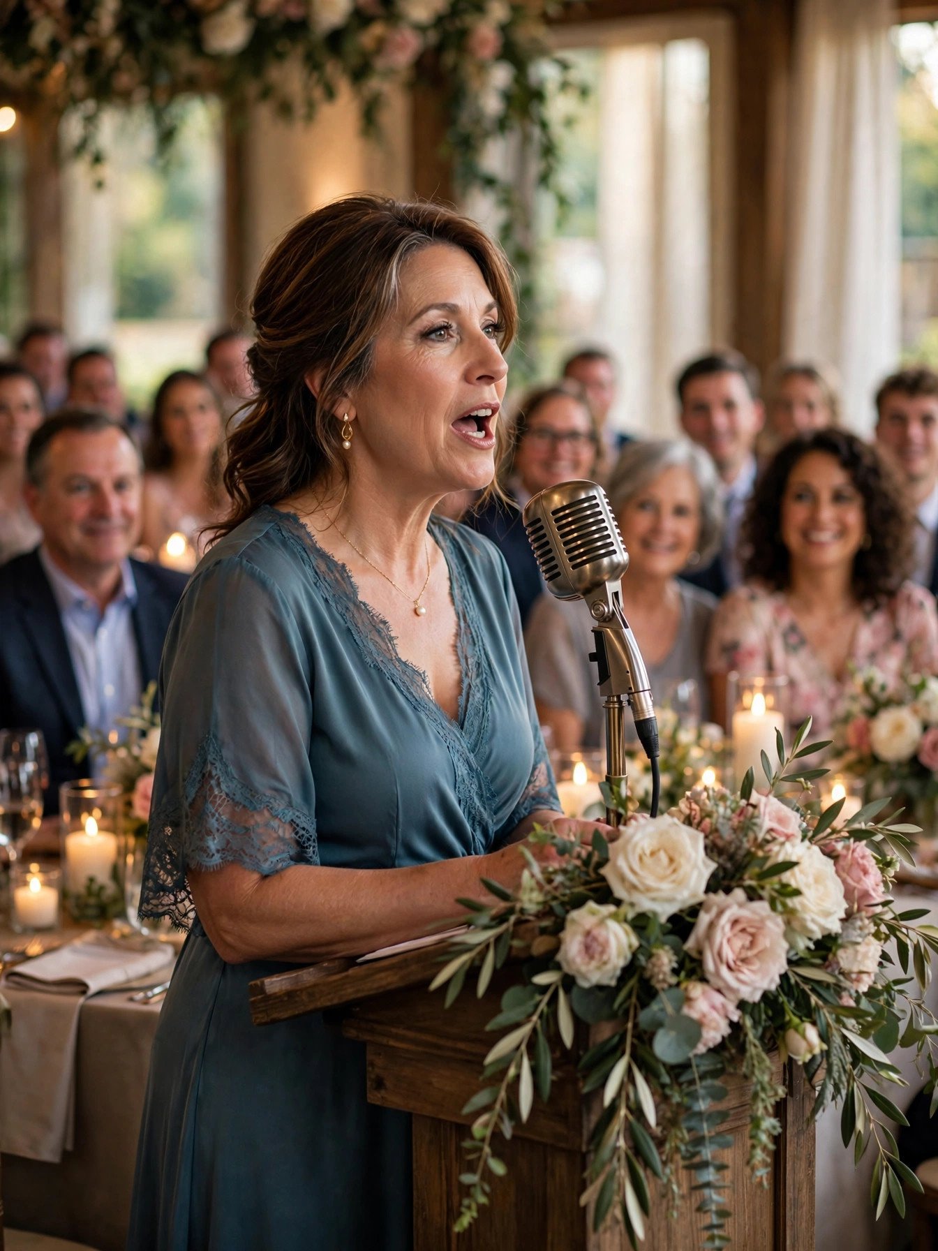 Mother speaking confidently into a vintage microphone at a reception podium