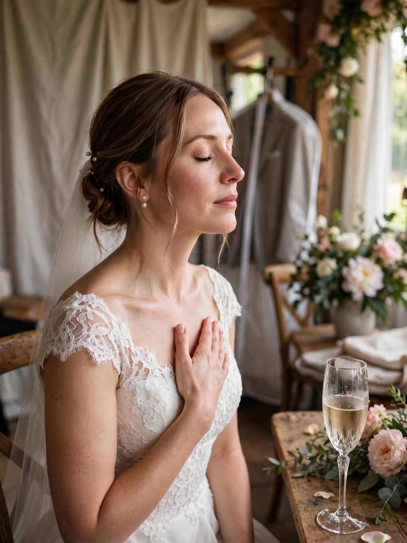 Mother taking a calming deep breath backstage before her wedding speech