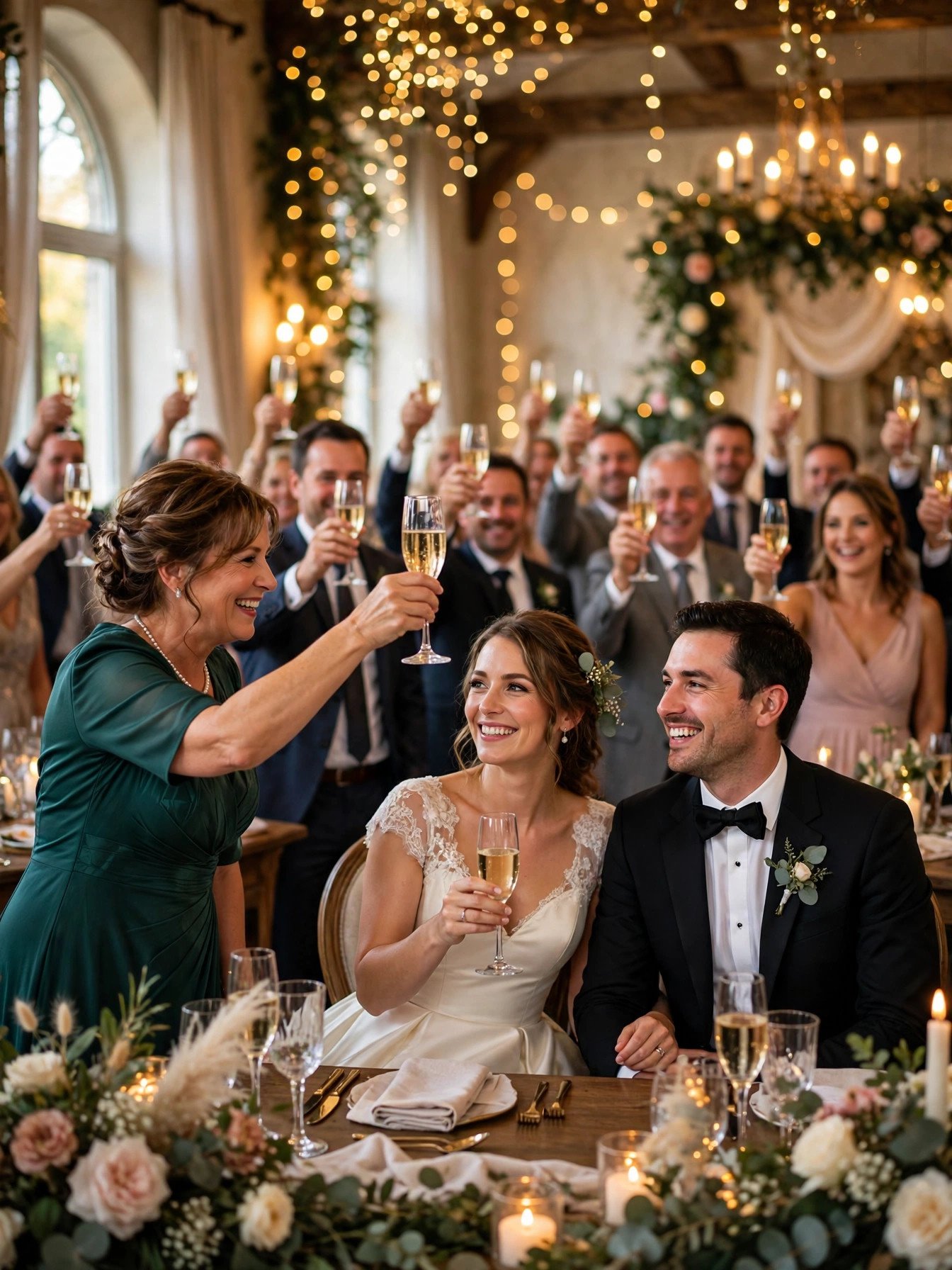 Happy couple with mother raising a champagne glass in a closing wedding toast