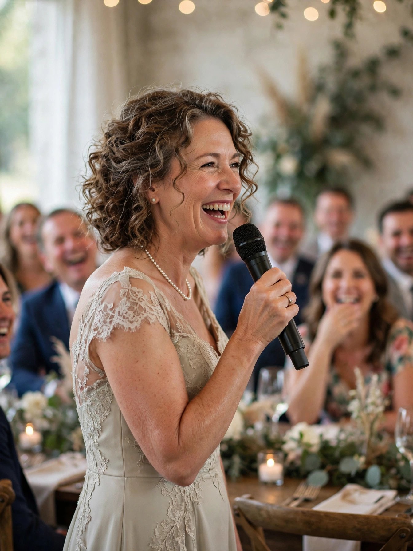 Mother of the bride delivering a funny toast with a microphone at a wedding reception