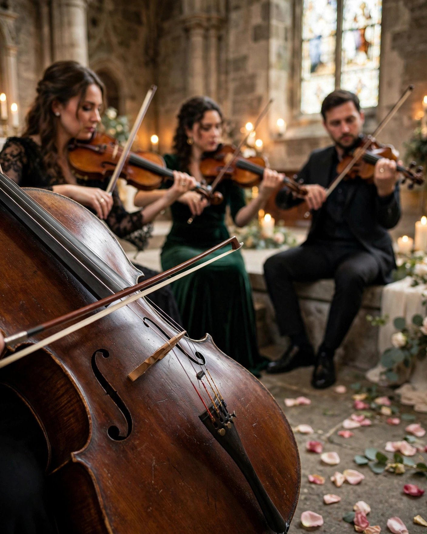 String quartet performing Canon in D at an elegant church wedding ceremony