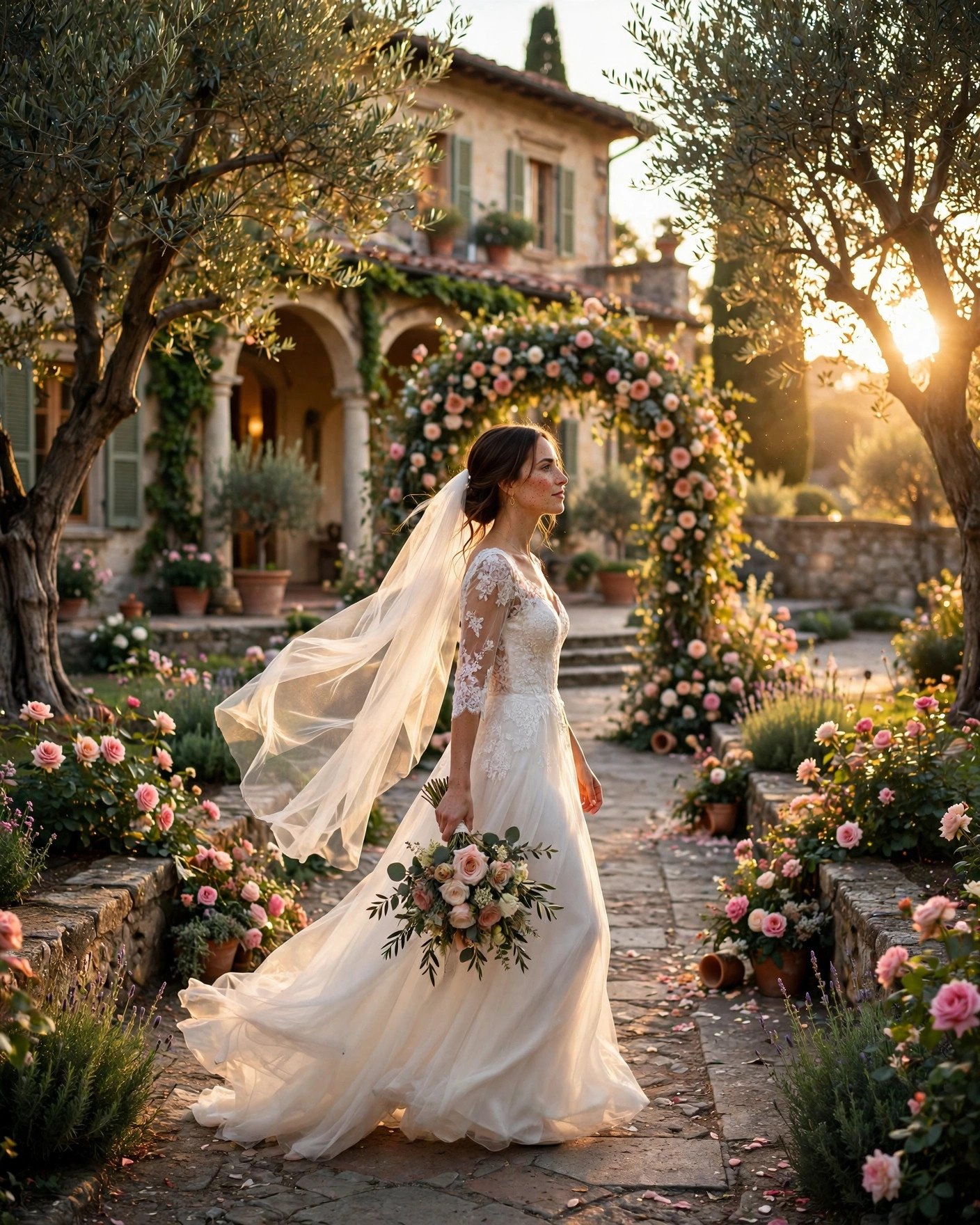 Romantic Italian garden villa wedding ceremony at golden hour with bride walking stone path