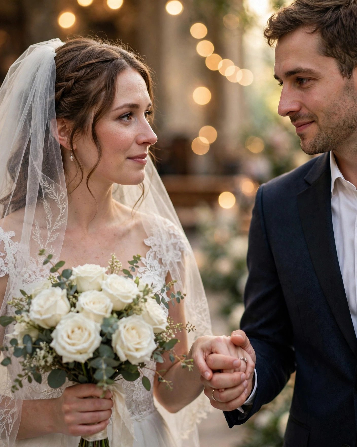Close-up of bride and groom holding hands walking down the aisle in soft glowing light