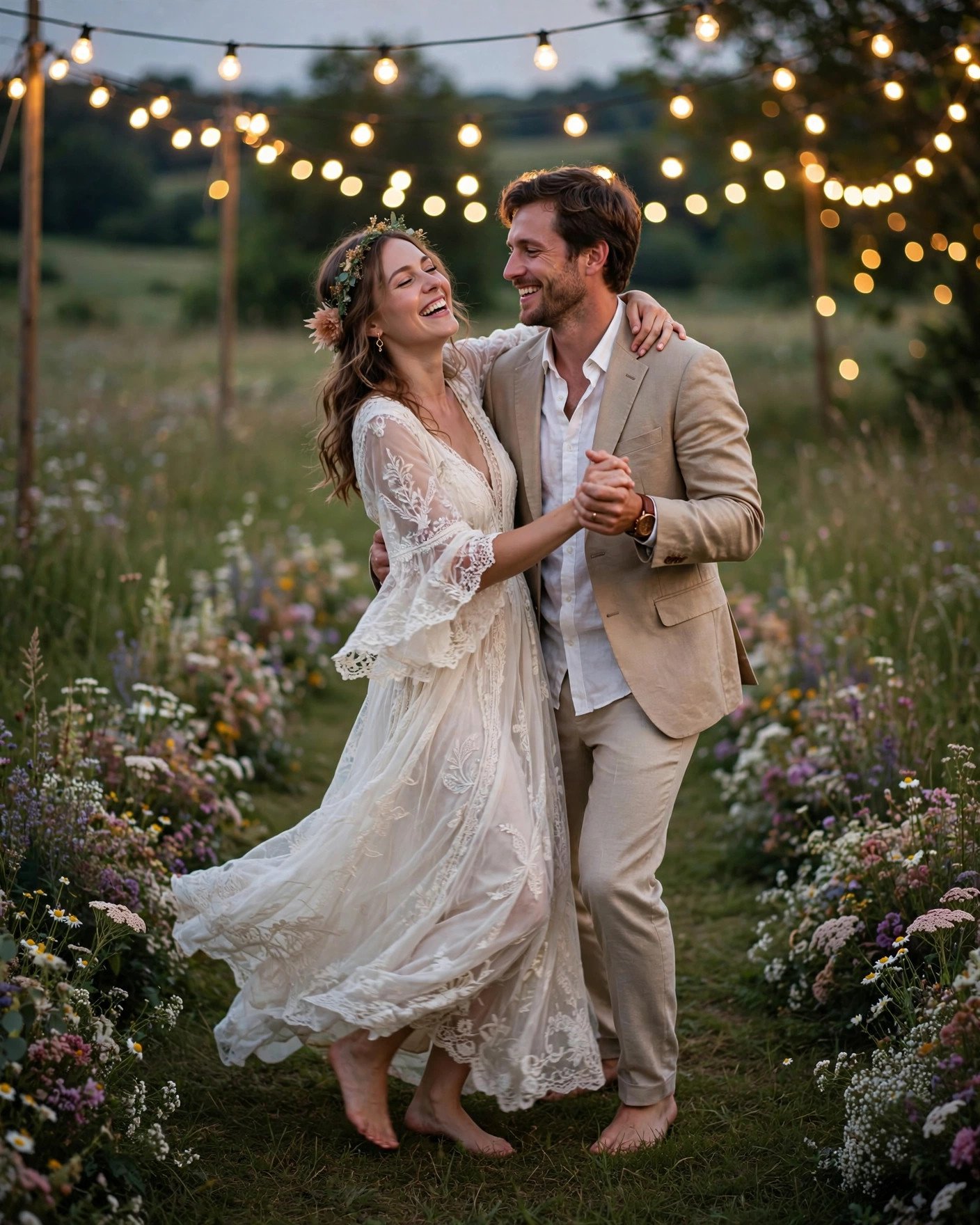 Barefoot boho bride dancing with groom on meadow at dusk under string lights