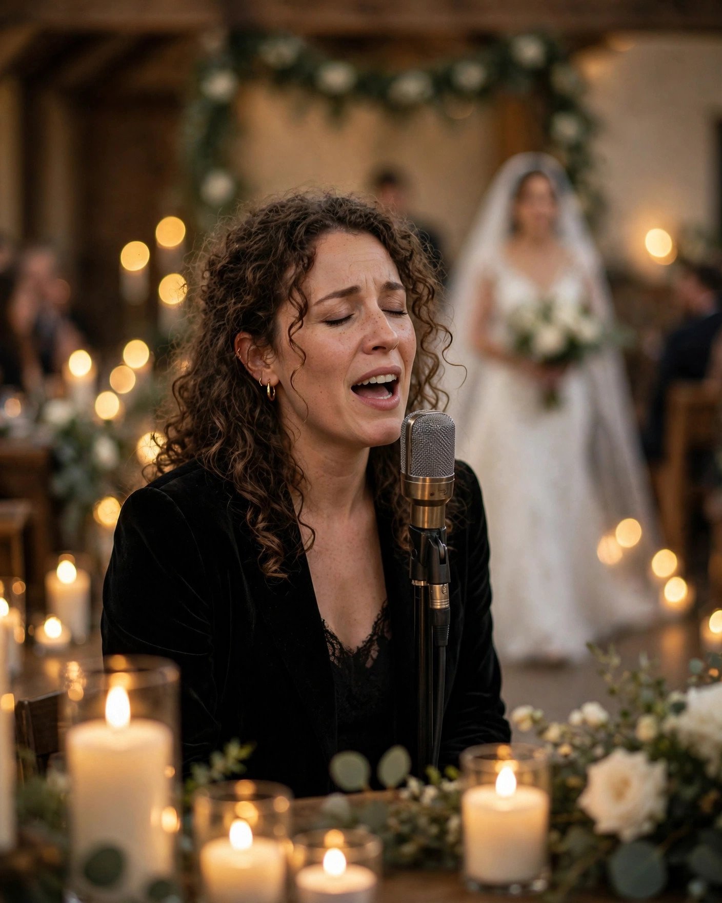 Emotional vocalist singing at candlelit wedding ceremony with bride walking aisle behind
