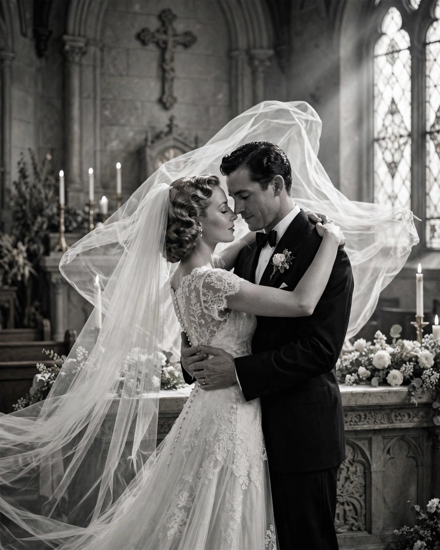 Timeless black-and-white portrait of bride and groom embracing at the altar