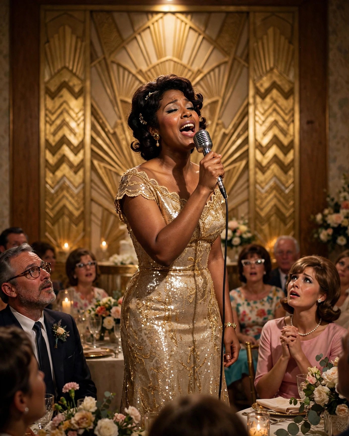 Vintage soul singer performing on stage at retro-styled wedding with art-deco gold backdrop