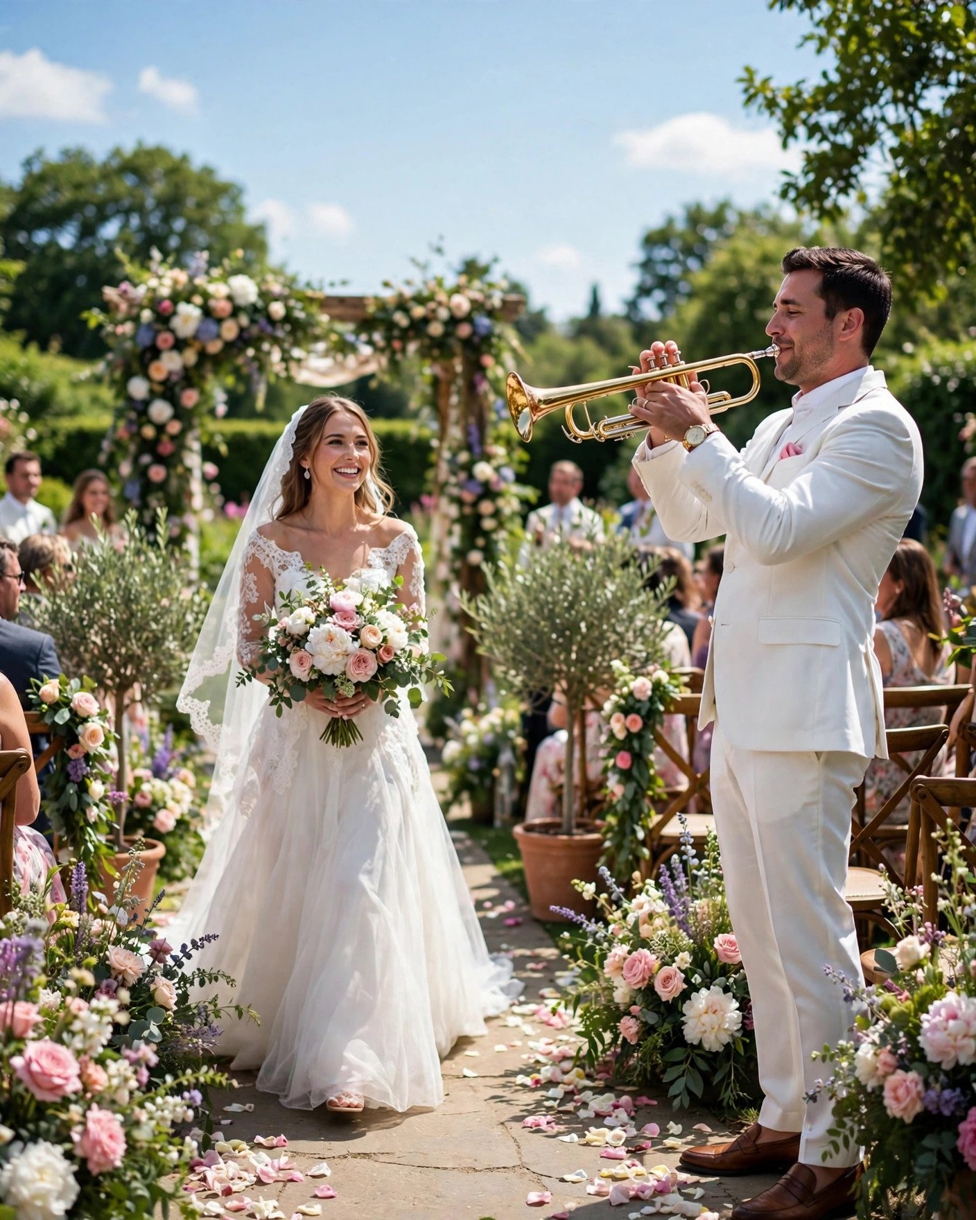 Joyful garden wedding under blue skies with trumpet player as bride walks aisle