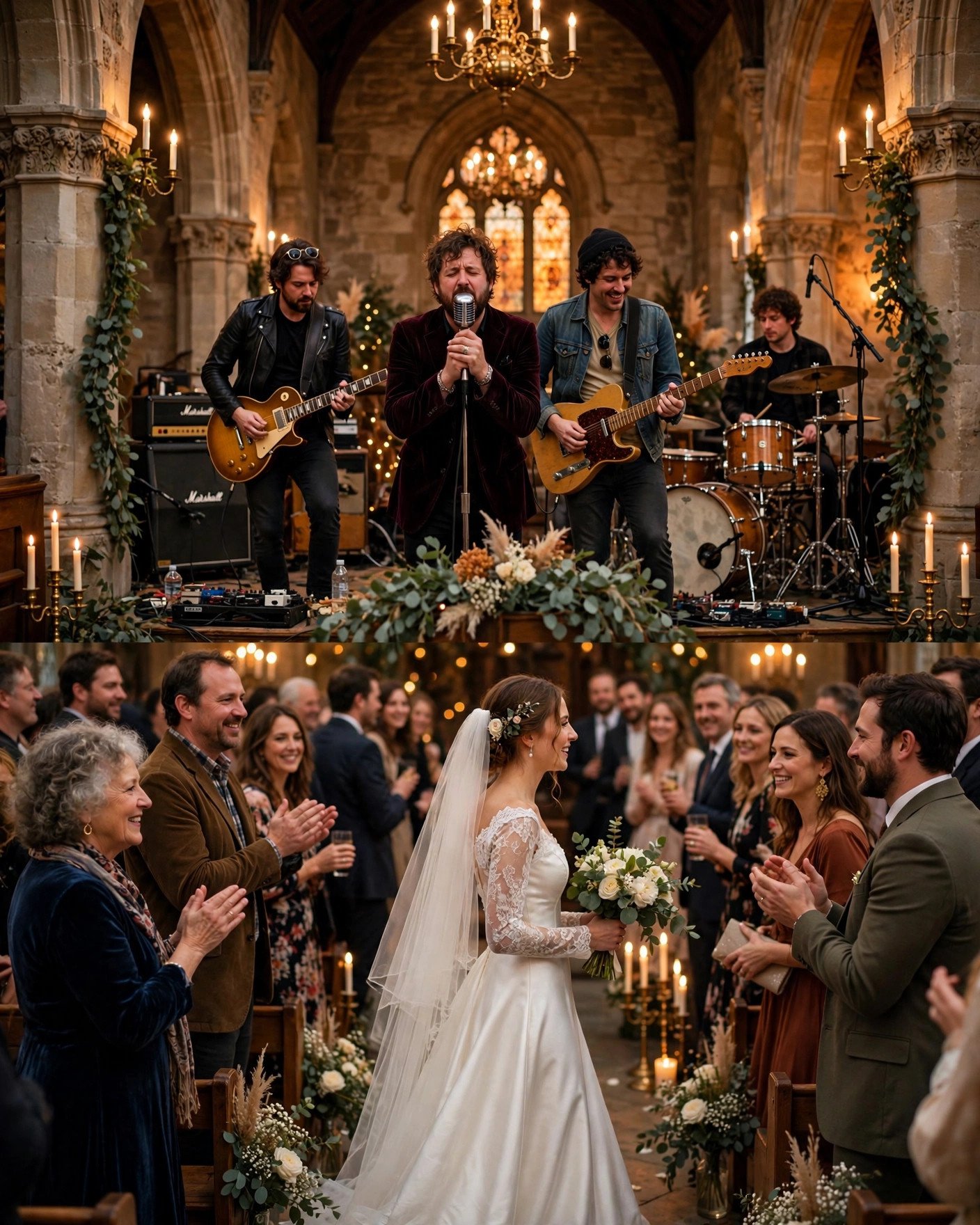 Classic rock band with vintage guitars performing at wedding ceremony in historic hall