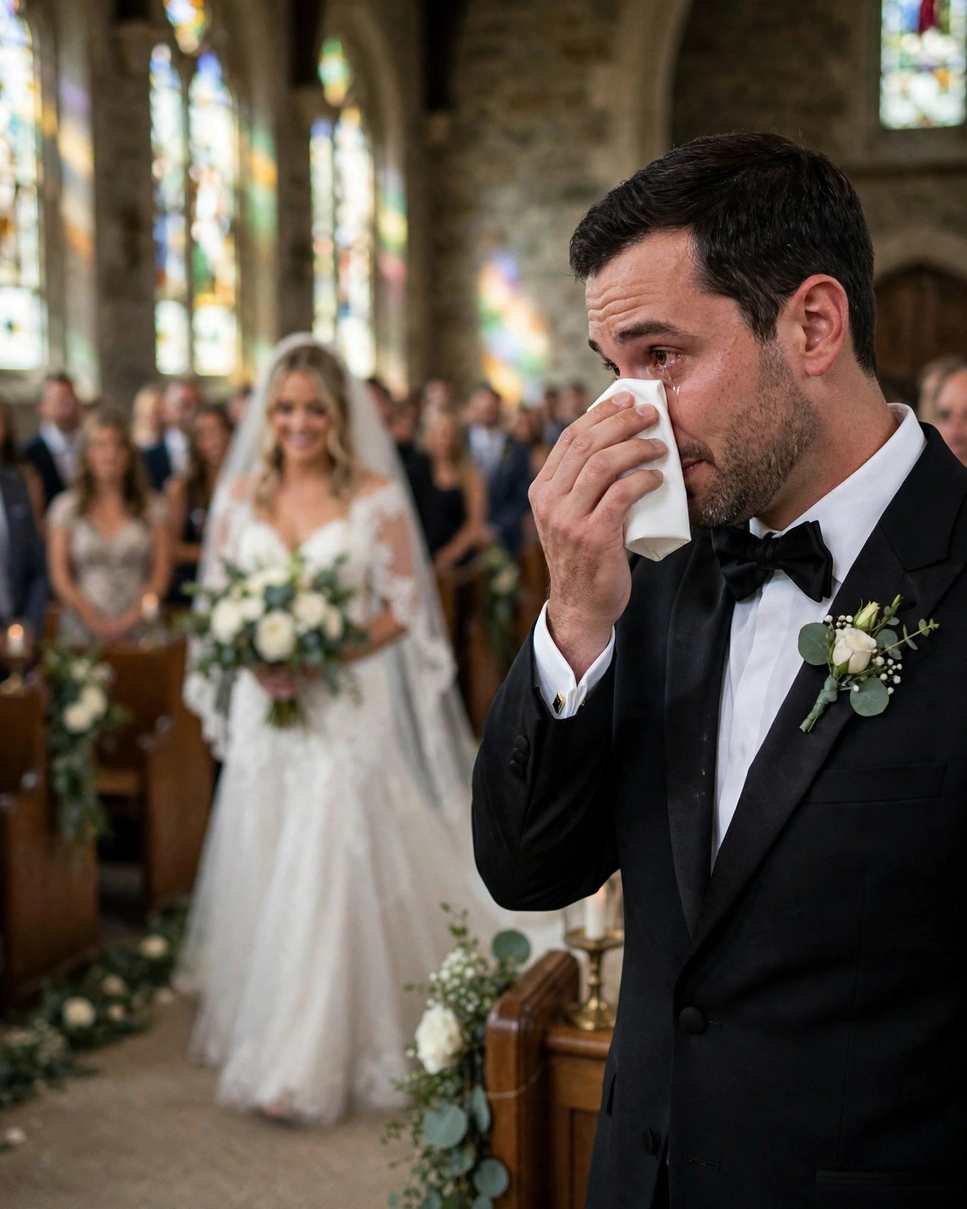Emotional groom wiping tear as radiant bride walks down chapel aisle toward him
