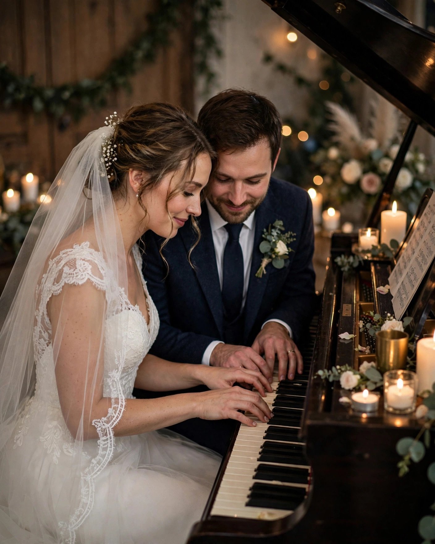 Bride and groom sitting together at grand piano with candles at wedding
