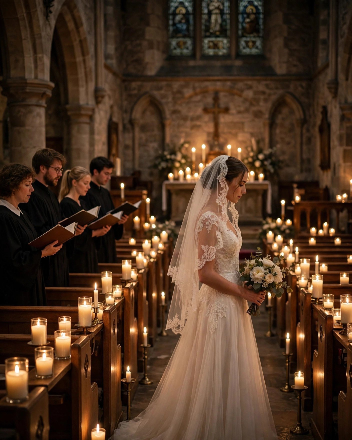 Reverent candlelit church ceremony with small choir singing as bride walks aisle