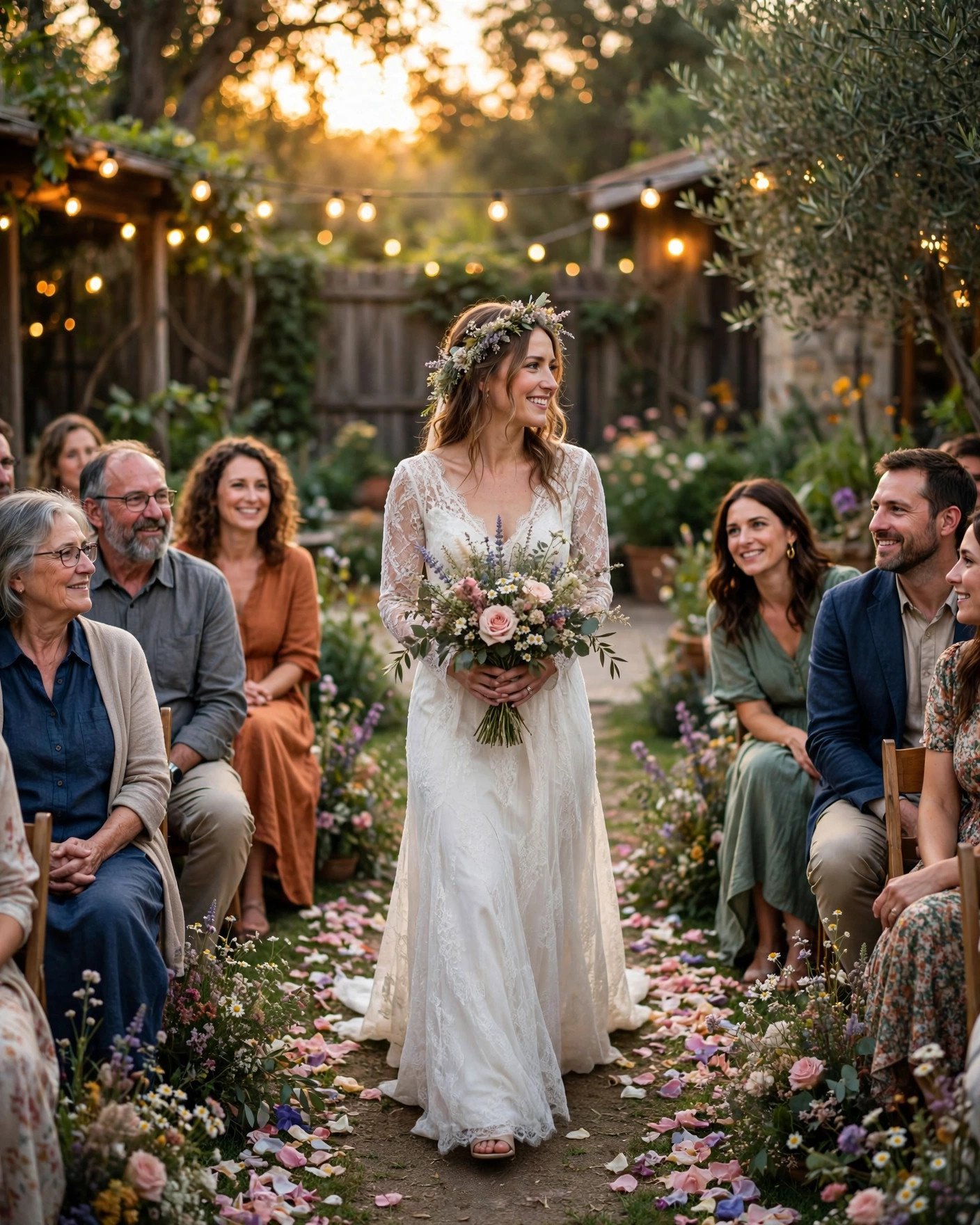 Intimate backyard wedding at golden hour with bride walking petal-strewn aisle