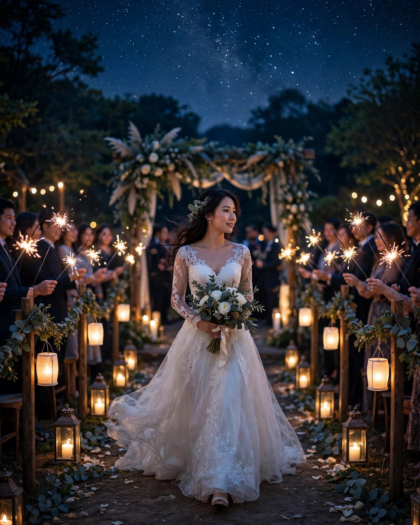 Magical nighttime wedding under star-filled sky with bride walking sparkler-lined aisle